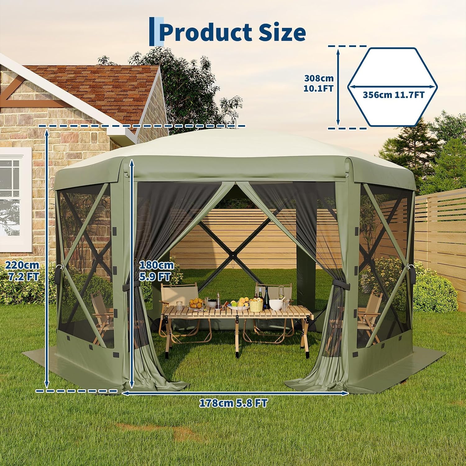GarveeLife 11.5x11.5FT 6-Sided Pop Up Gazebo Tent，One-Push Setup Canopy Tent with Mesh Panels & Removable Wind Cloths, Outdoor shelter for Camping, Backyard Parties, Outdoor Events - Army Green
