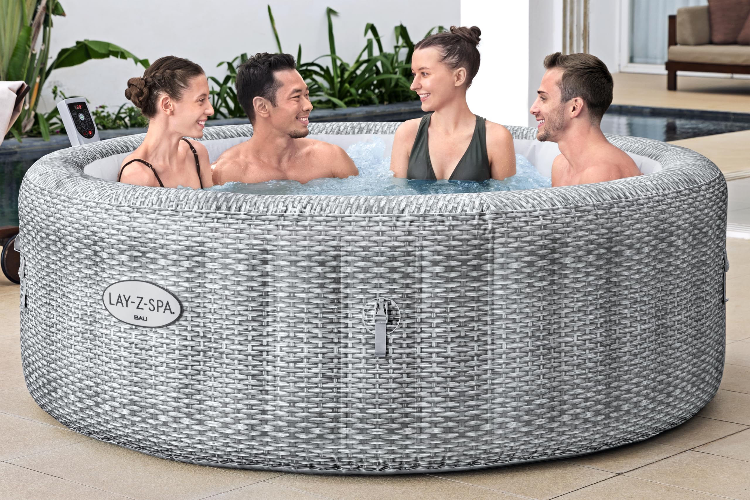 Bestway Lay-Z-SPA Energiespar-Whirlpool Bali AirJet, Ø196x71cm, 6 Personen, Heizung, Frostwächter, 140 AirJet-Düsen, App-Steuerung, UltraFit-Pumpeneinheit, Thermo-Abdeckung, Rattan, GS-Zertifiziert