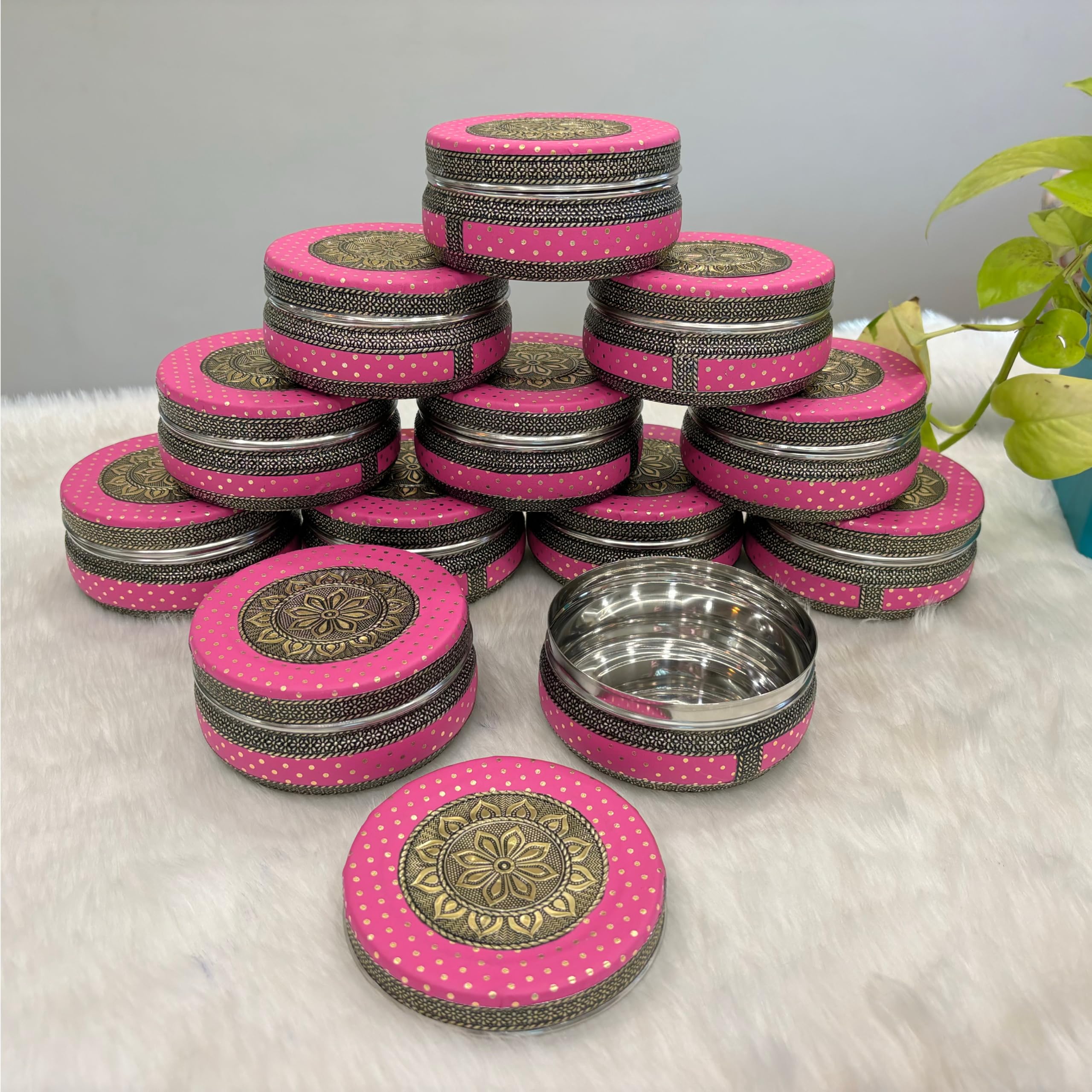 NAVRANG Stainless Steel Container Box Storage Box/Chapati Box/Roti Box/Return Gifts Box/Laddu Box/Puri Dabba(Pack of 12, Pink)-image-11