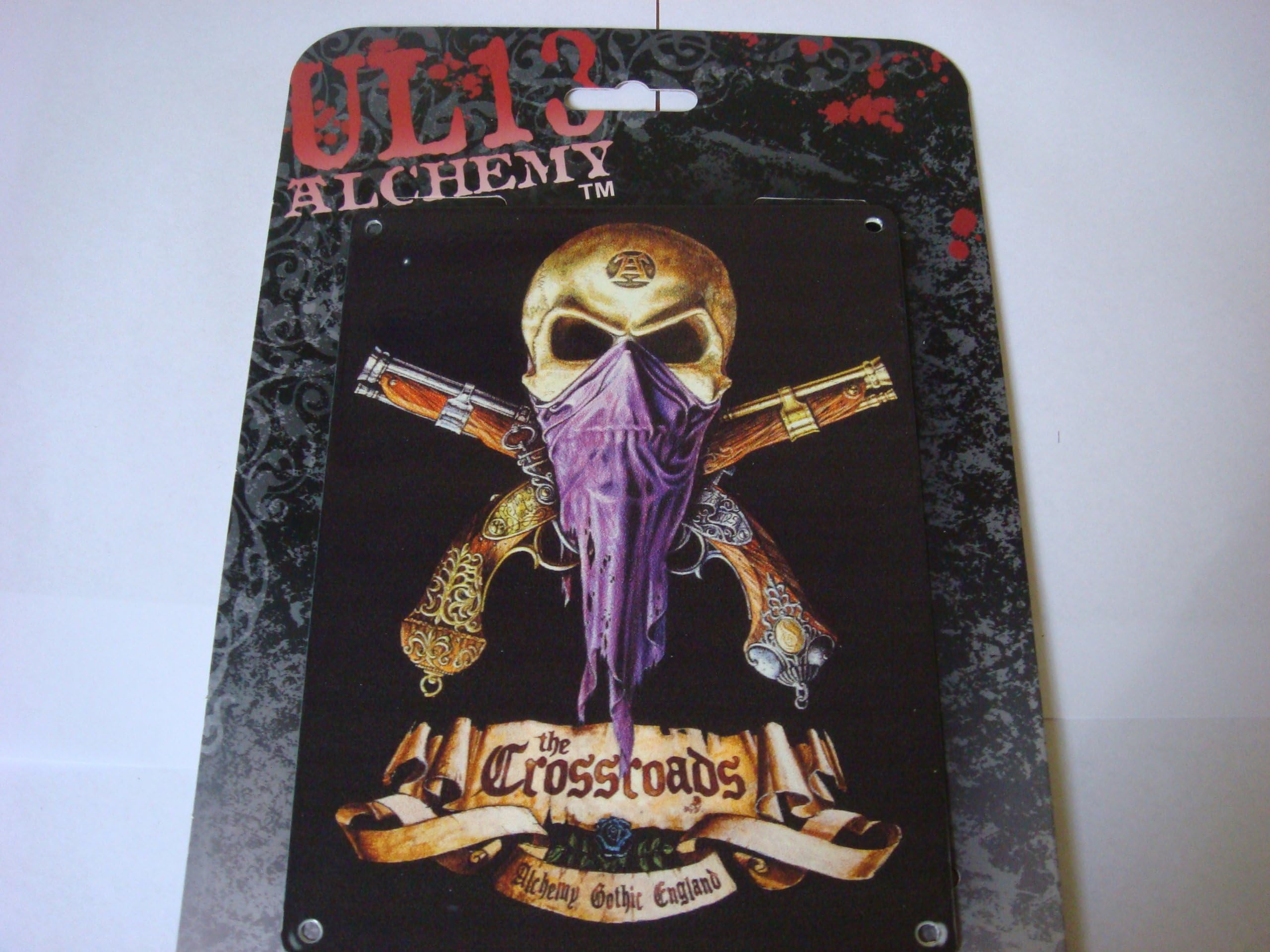 ALCHEMY GOTHIC ART 1977ALCHEMY GOTHIC ART SKULL & CROSS BONES " CROSSROADS " MINI METAL SIGN 8" X 6"