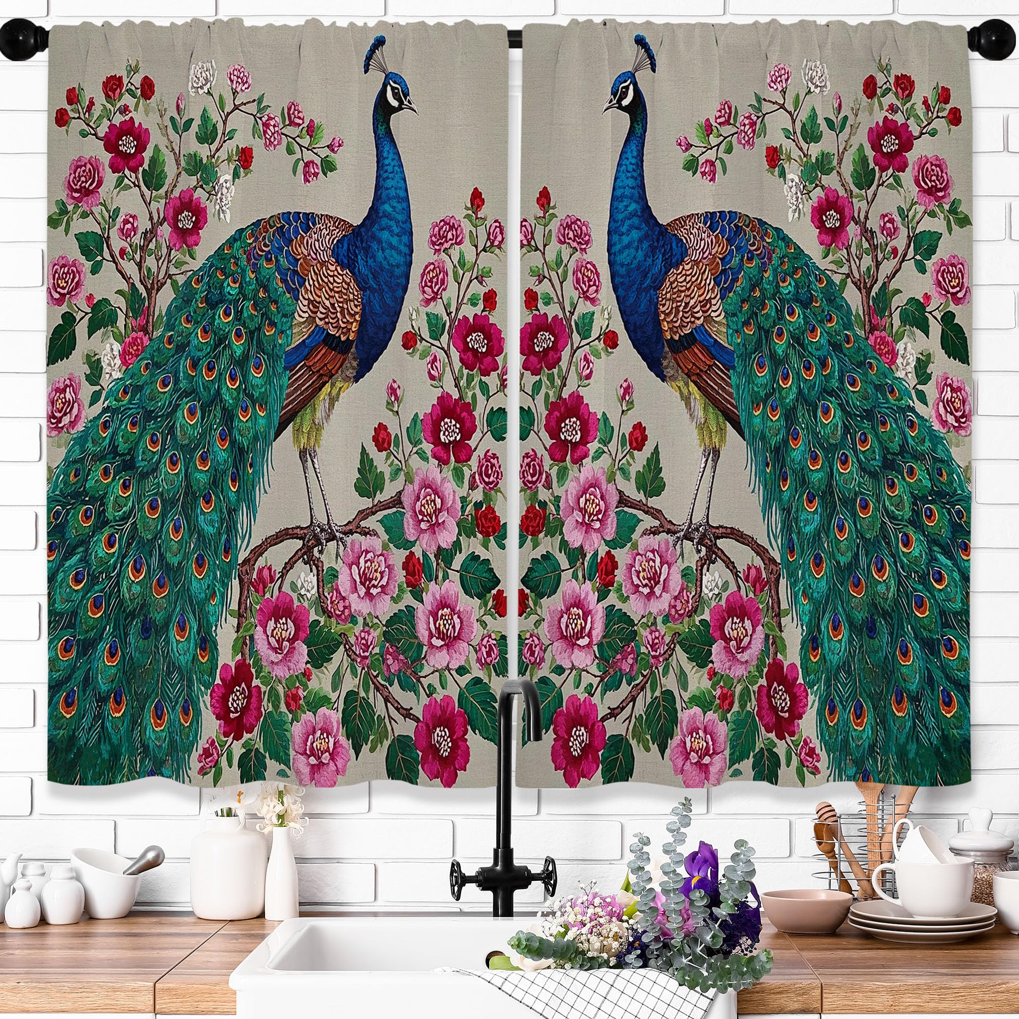 Opeoddie Vintage Peacock Kitchen Curtains Boho Blossom Green Pink Flower Floral Short Window Curtains Fancy Spring Bird Animal Drapes for Bathroom Bedroom 2 Panels Window Treatment Tiers 26x36 Inch