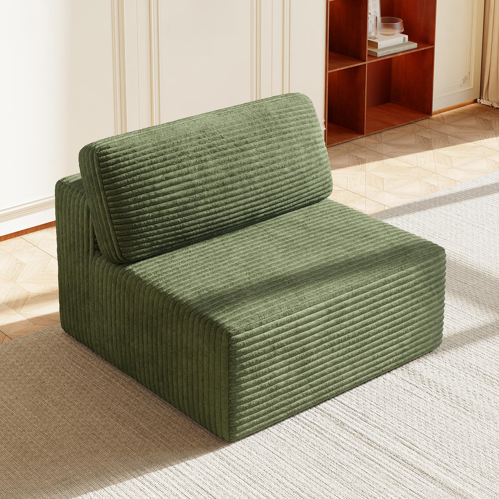 Vesgantti Modular Sectional Sofa, Corduroy Cloud Couch with Spring Support, Cooling Gel Layer & High-Density Cushioning, Extra Deep Seats, Boneless Sofa, No Assembly Required, Green (Armless Chair)