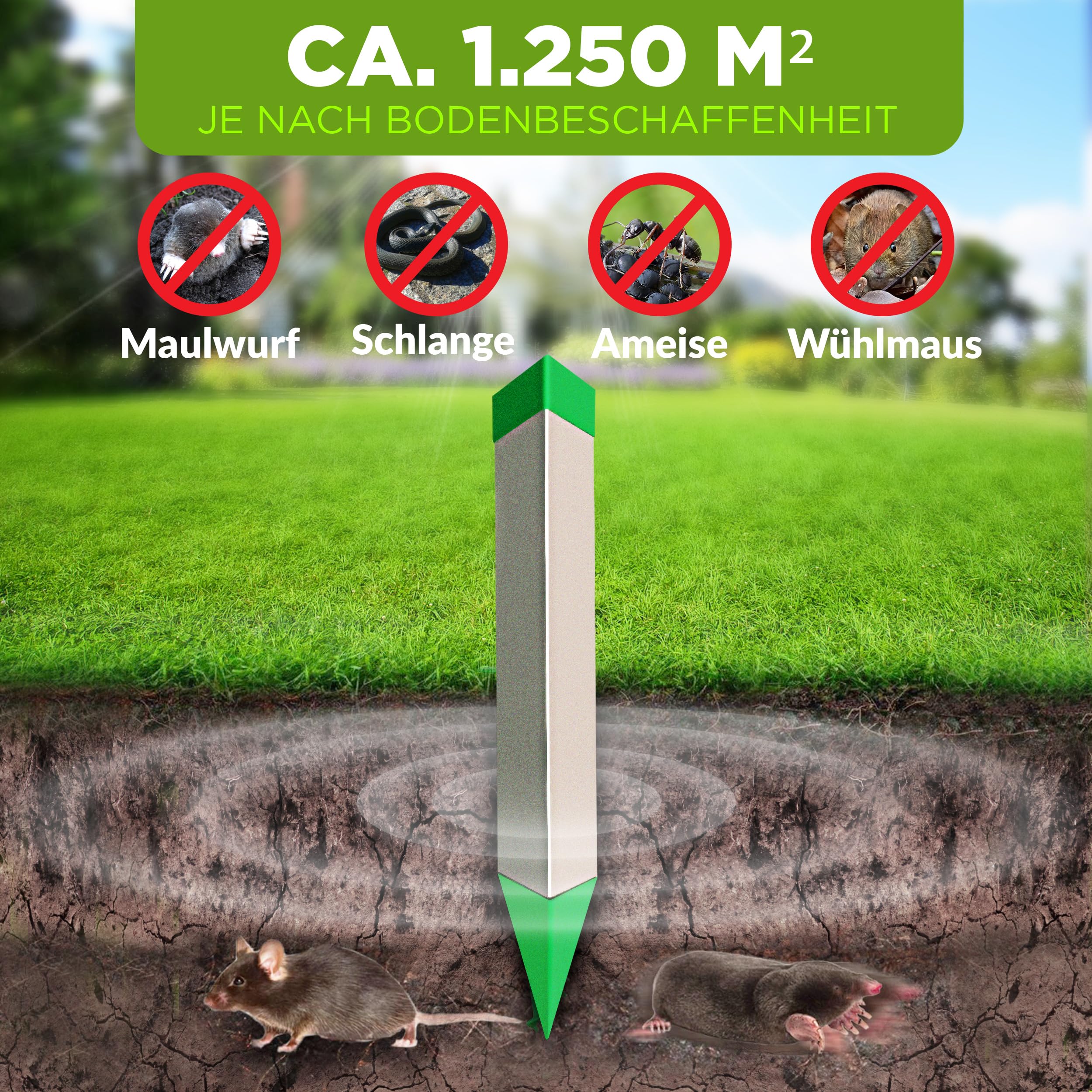 ISOTRONIC Maulwurfabwehr zum Vertreiben von Maulwürfen, Wühlmäusen & Schlangen – batteriebetriebener Maulwurfschreck mit Erdspieß für den Garten – Maulwurfvertreiber 1.250m² Wirkungsbereich (4 Stück)