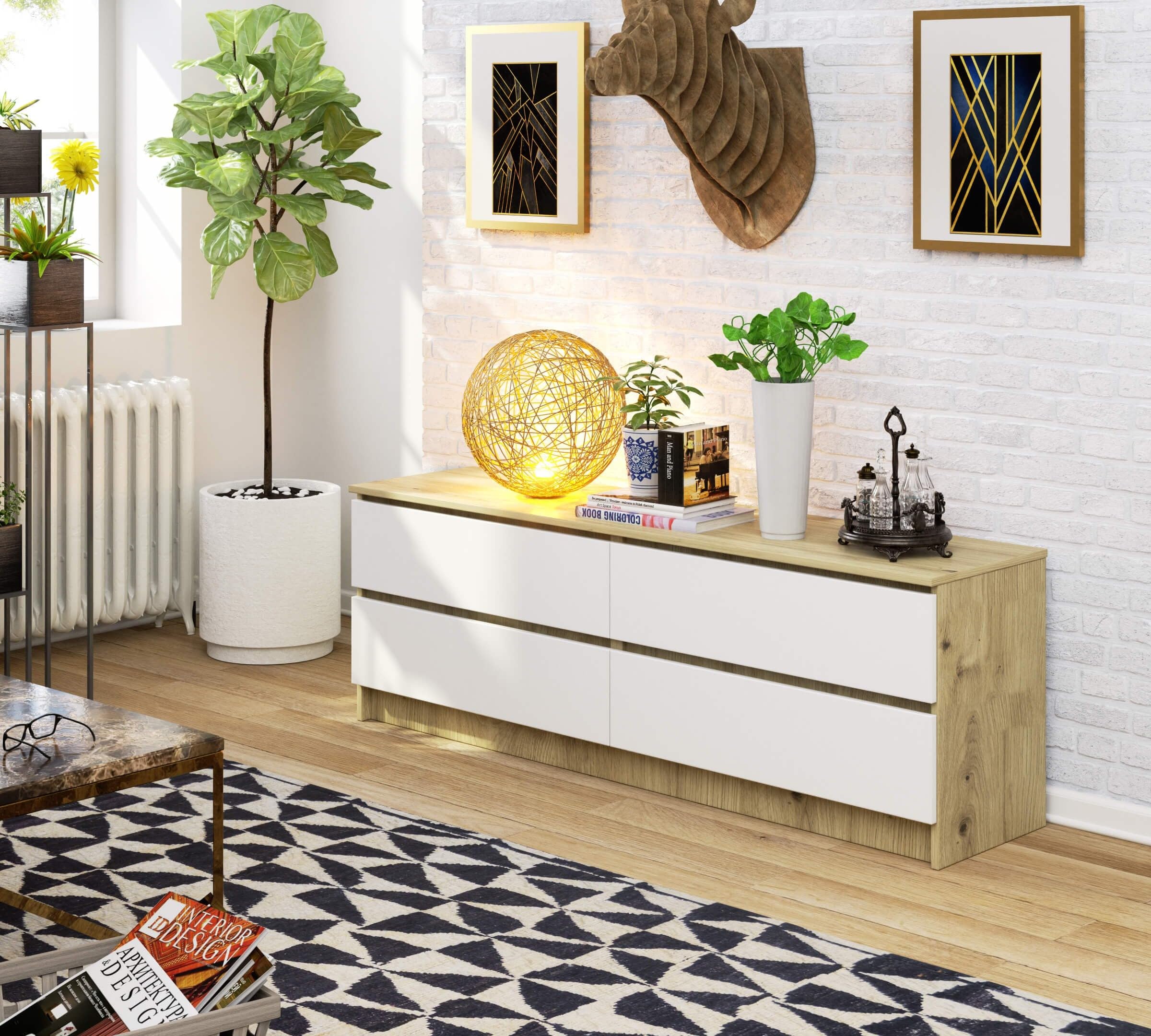 AKORD Cassettiera K 160 cm | 4 Cassetti | Moderna Mobiletto per il soggiorno Camera da letto Armadio Soggiorno Bagno | Salvaspazio | 160 x 55 x 40 cm | Handgemaakt Eik/Wit
