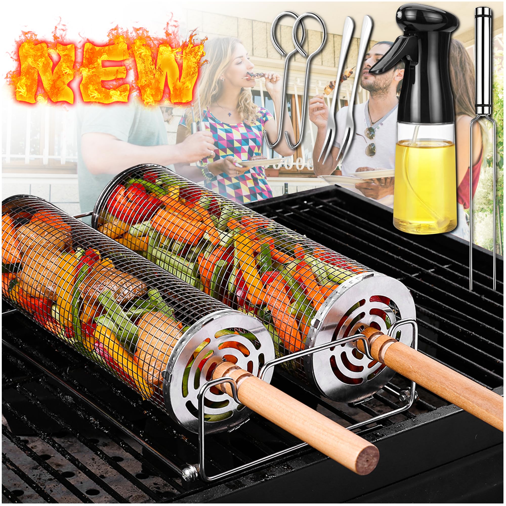 Grill Roulant Double En Acier Inoxydable 304 Avec Poignées Amovibles En Bois - 2 Paniers Pour Légumes, Viande, Barbecue - Cadeau Pour Papa