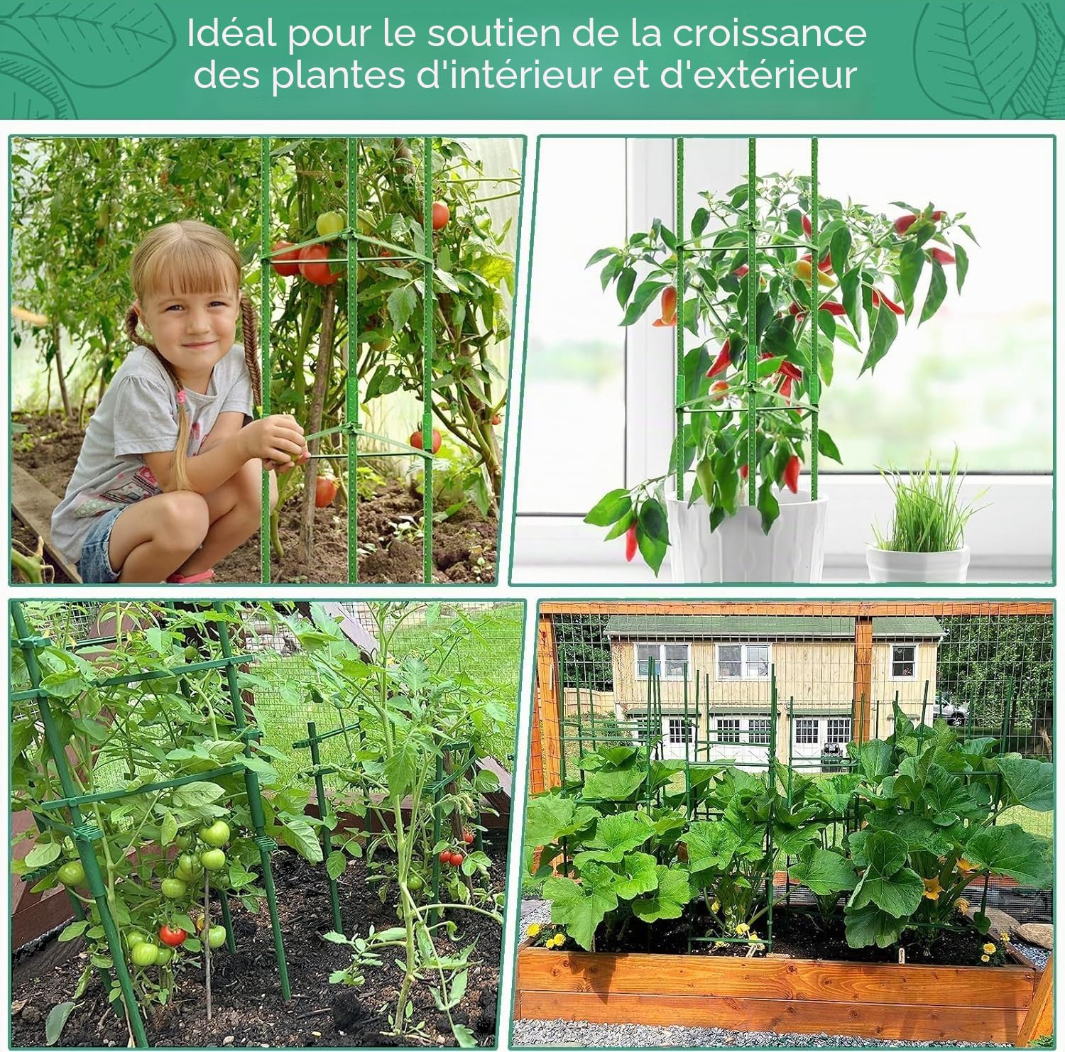 KAHEIGN 2 Pièces Cages à Tomates de Jardin, 160CM Treillis de Cadre de Support pour Plantes Réglable pour Verticale Escalade Usine Légumes Fleur Fruits Vigne - avec 60 Attaches Torsadées, 20 Pinces
