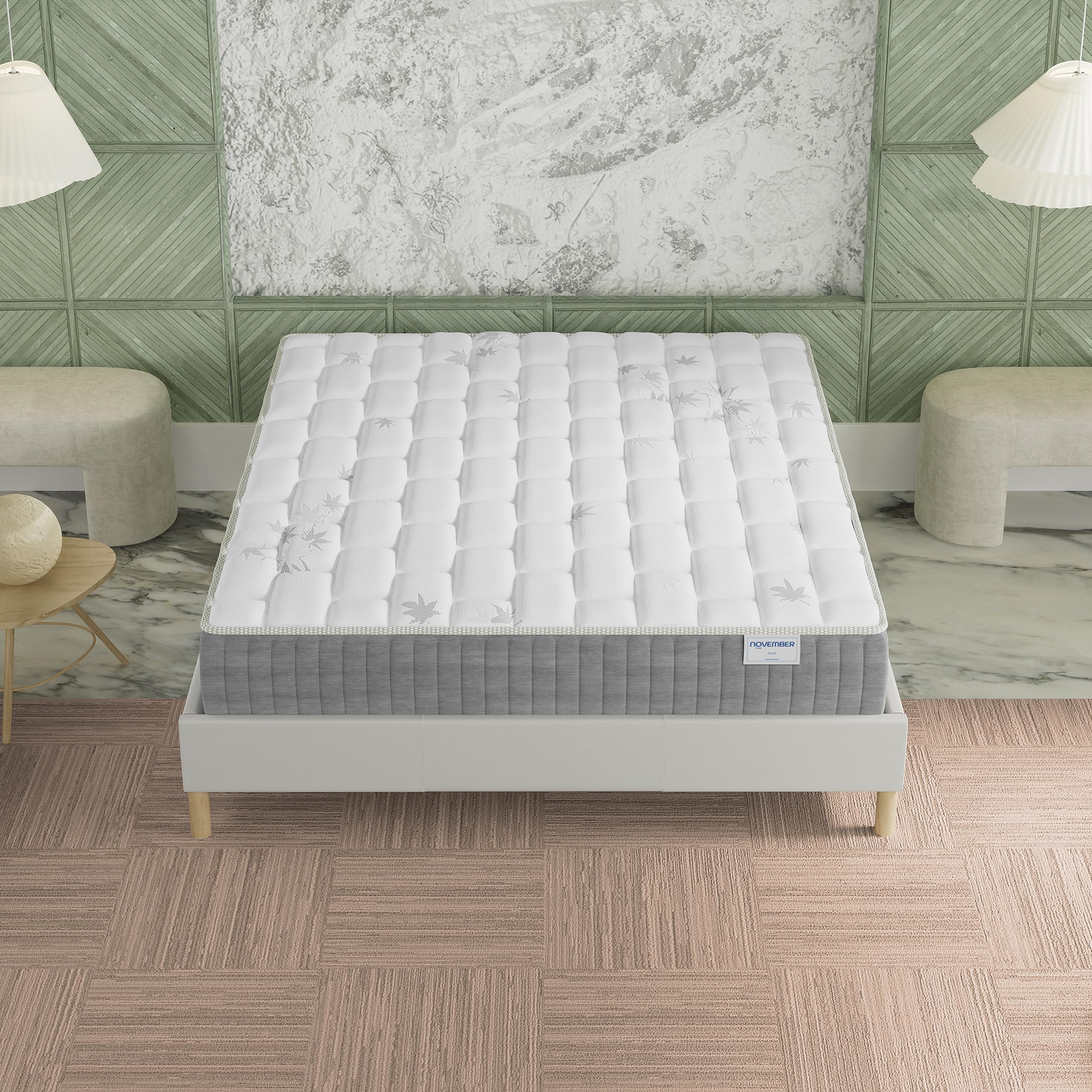 NOVEMBER- Ensemble Matelas + sommier (120 x 190cm)- Matelas Galice Ressorts ensachés & mémoire de Forme d’épaisseur 25cm + Sommier Bois Stable & Robuste revêtement Tissu Blanc