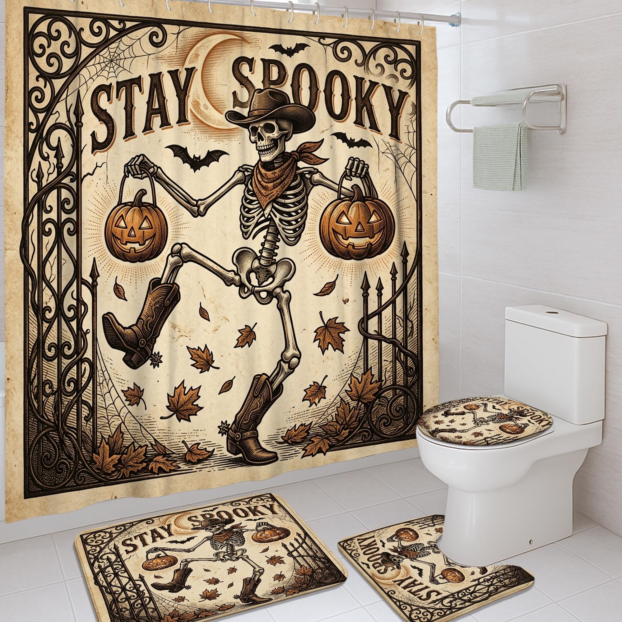 Rideau de douche squelette vintage et tapis d'Halloween pour dortoir