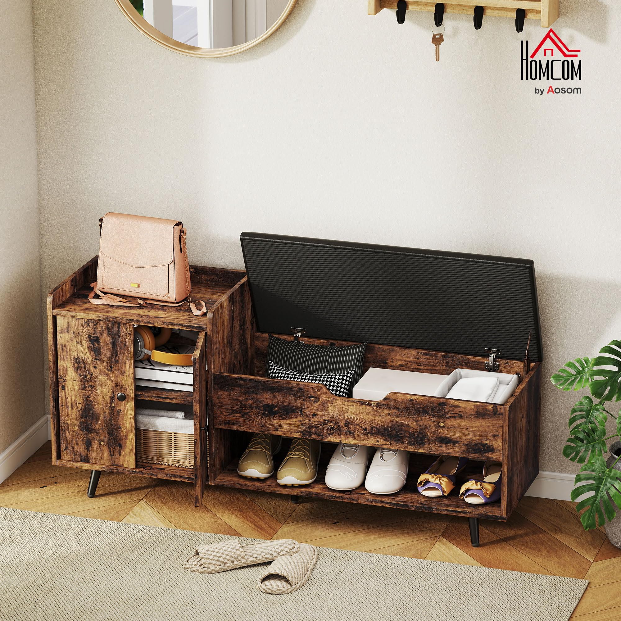 HOMCOM Banco Zapatero, Banco Recibidor Industrial, con Asiento Acolchado, Compartimento Oculto, Estantes, Puertas, Estante Abierto para 3 Pares de Zapatos, para Entrada, 127x35x59 cm, Marrón Rústico
