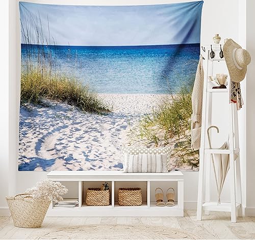 Miniatura 2 de Ambesonne Tapiz de playa, camino a la playa, cielo despejado, arbustos, pastos, ventoso, día soleado, pacífico golfo de México, para colgar en la