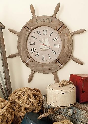 Miniatura 3 de Deco 79 - Reloj de madera con rueda de barco, decoración marítima, 20 pulgadas
