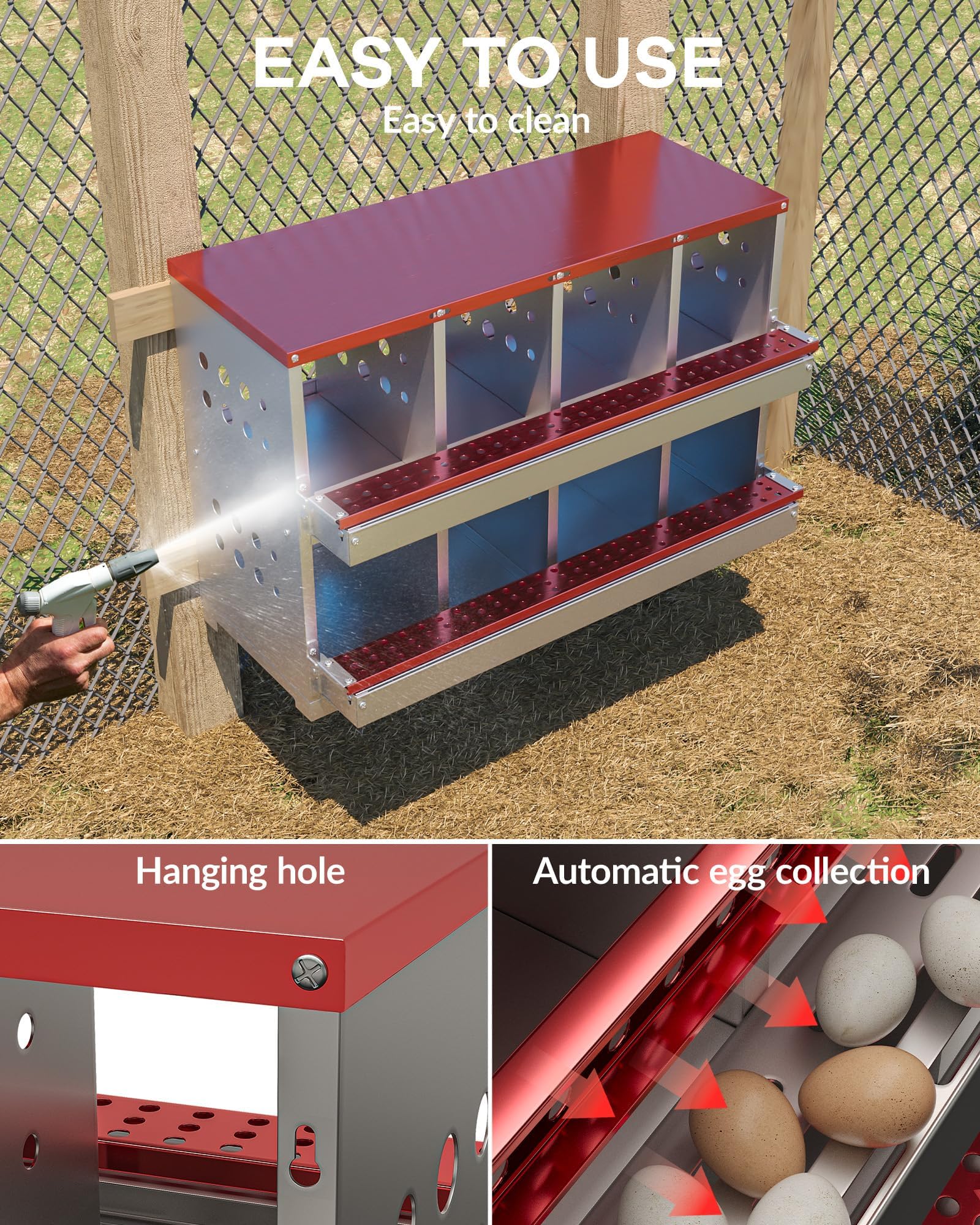 Ponedero para Gallinas de 8 Compartimentos, Nidal en Acero INOX de 2 Niveles, Ponedero Mural Enrollable Fácil de Limpiar, Nidal Resistente para Cría de Aves de Corral y Gallinas, Rojo
