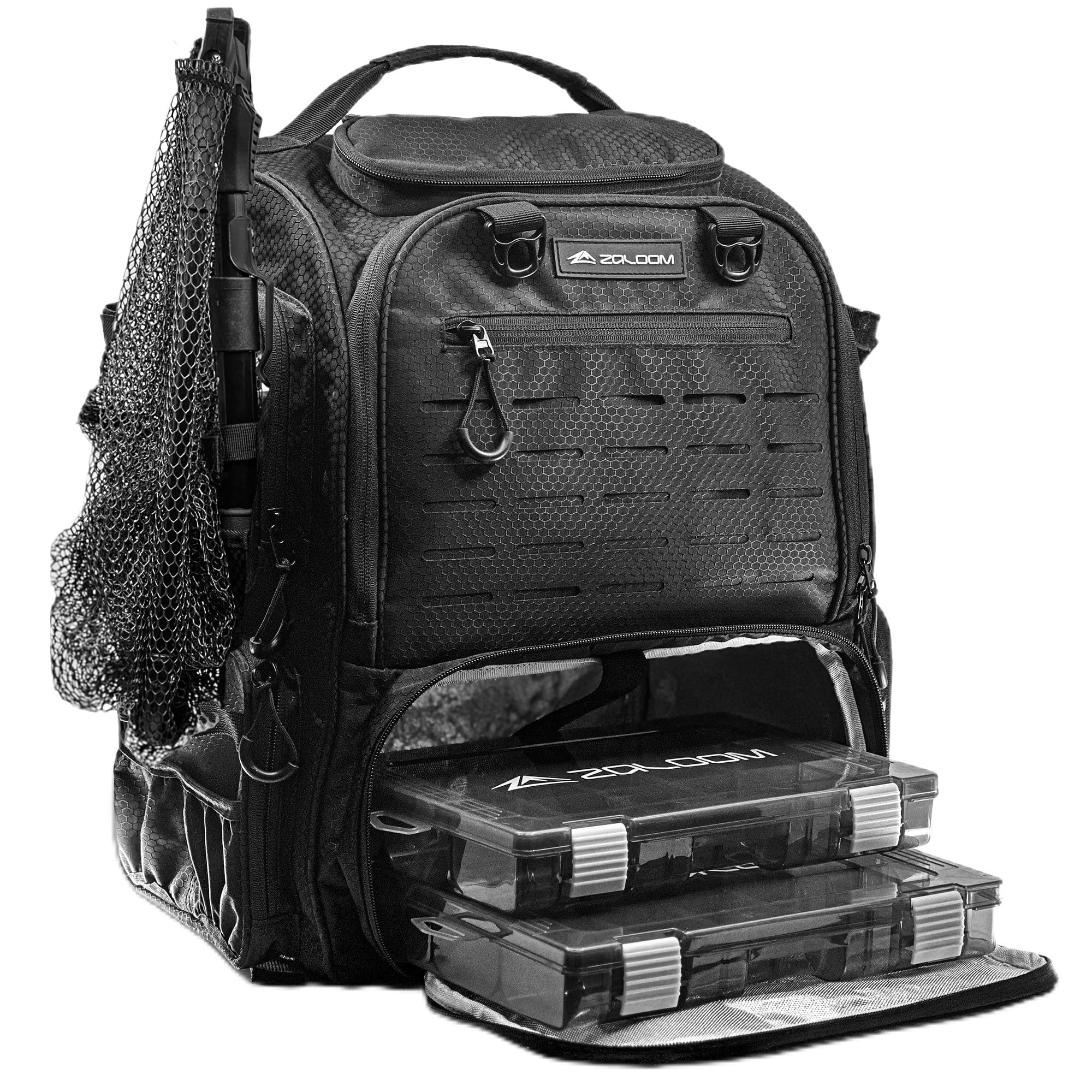 Angelrucksack mit Rutenhalter & faltbarem Netz - 40L Angelausrüstungsrucksack, 2 Tackle-Boxen, Wandertasche mit wasserdichtem Regenschutz, extra Staufächern, Schwarz, Large