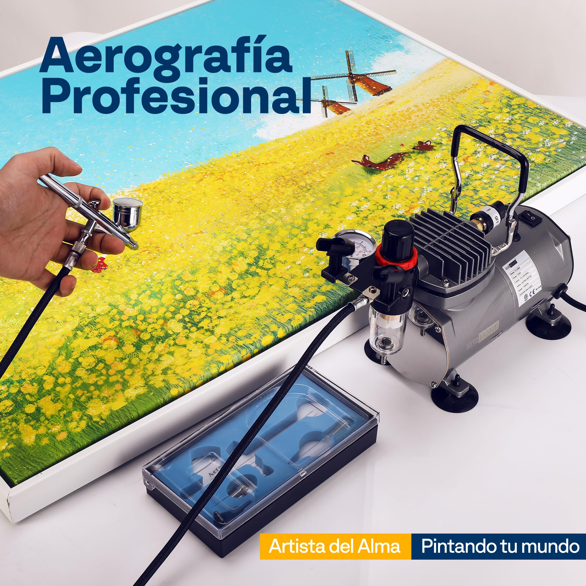 VIVOHOME 1/5HP Compresor de Aerógrafo con Pistola de Doble Acción Kit de Pintura Profesional con Regulador de Presión 4 Bar para Gráficos Parada Automática