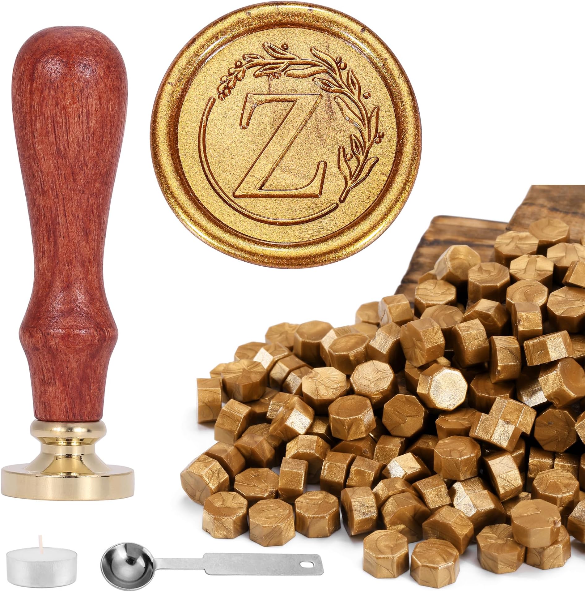 Yoption Letter Wax Seal Kit, Vintage Initial Alphabet Z with Wreath Stamp and 120 Antique Gold Wax Seal Beads for Wedding Invitation Christmas Envelope