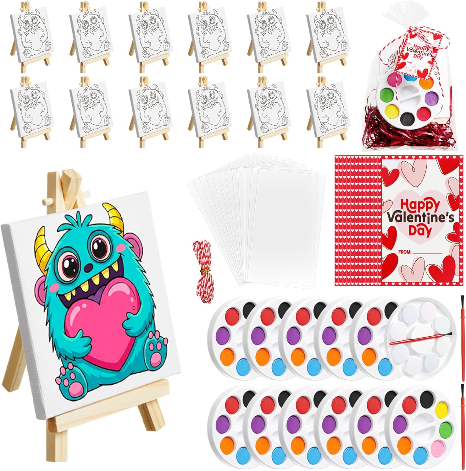 Lerheedi 12 Set of Valentine's Day Painting Kit, Mini Canvas Art Sets with Mini Easels, Paint Trays, Gift Bags, Cards, Raffia, Rope, Small 4x4 Inch Canvases for DIY Crafts, Parties, and Activities