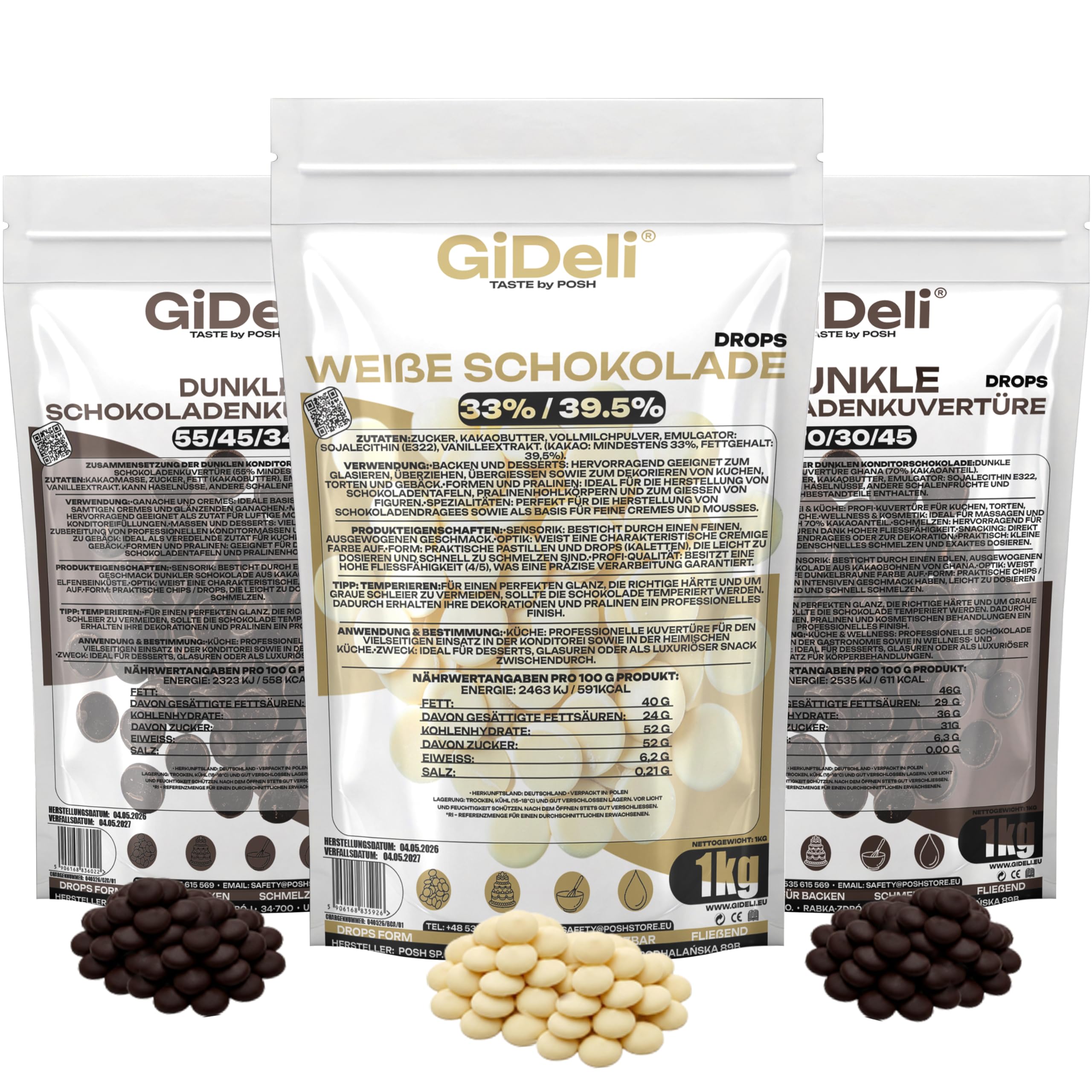GiDeli Schokoladen-Trio 3x1 kg - Weiße 33%, Zartbitter 55% & Edelbitter 70% Kakao - Backschokolade Drops & Callets - Profi-Kuvertüre aus Ghana & Elfenbeinküste - Ideal für Backen, Pralinen & Fondue