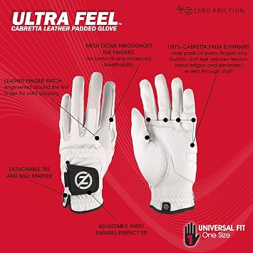 Zero Friction Ultra Feel Cabretta Golf Glove, Padded Fingers and Palms to Reduce Tension and Re-verb