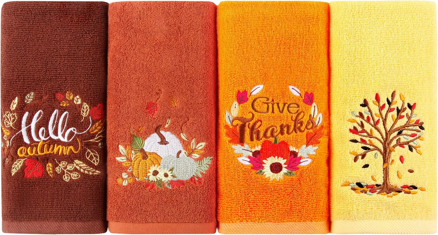 Quera 4 Pack Hello Fall Hand Towels Give Thanks Thanksgiving Embroidered Premium Luxury Decor Bathroom Decorative Dish Set for Drying Cleaning, Cooking 13.7 "x 29.5"