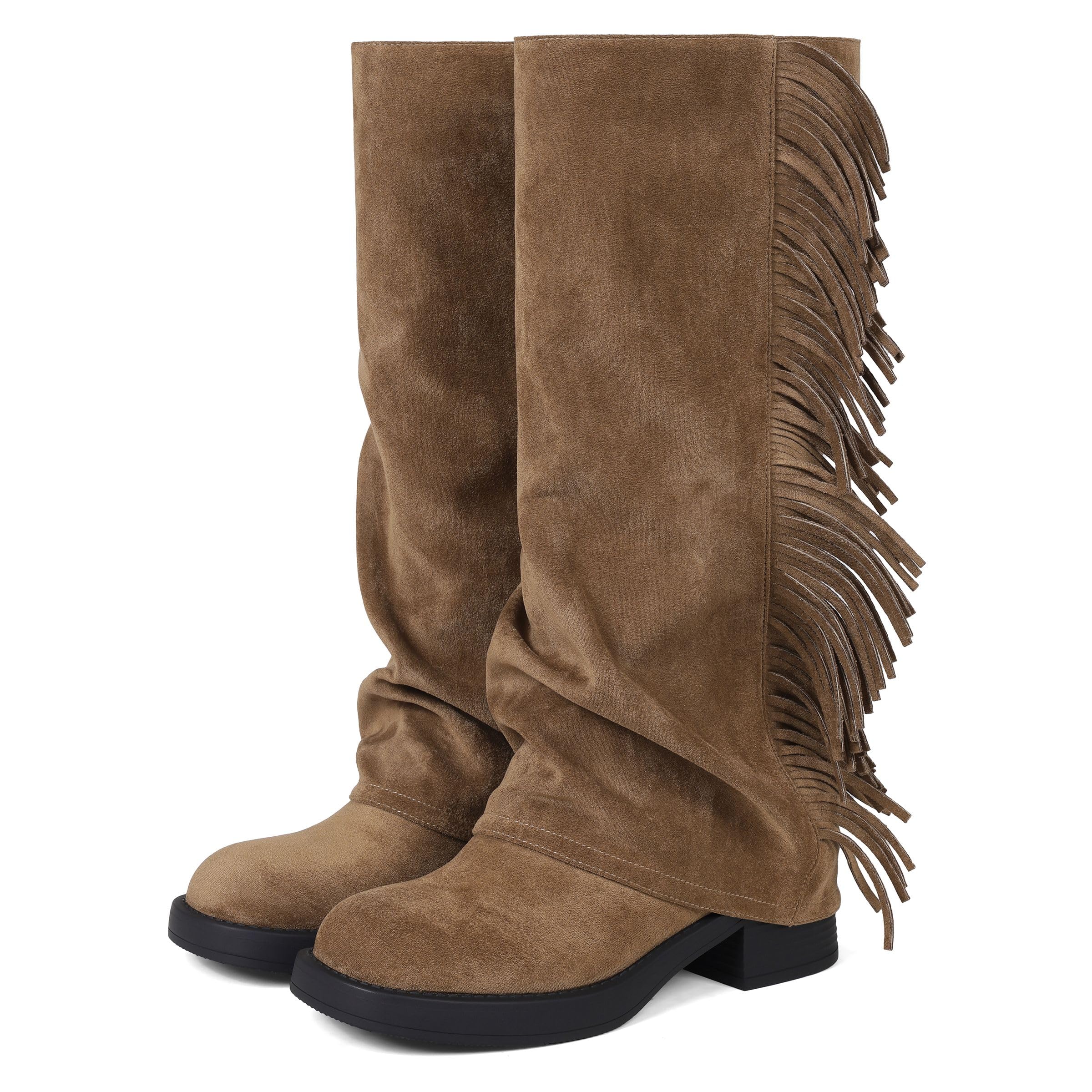 Womens Knee High Boots Fold over Shark Boots Fringe Suede Cowboy Boots for Women Square Toe Low Heel