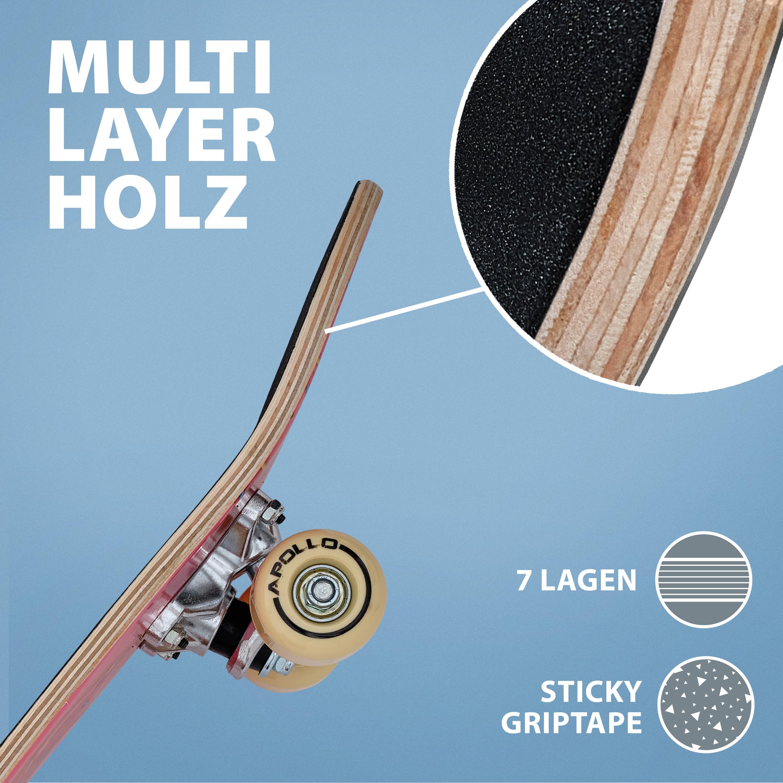 Apollo Kinder Skateboard, kleines Komplett Board mit ABEC 3 Kugellagern und Aluminium Achsen, Coole Designs für Kinder, Cruiser Boards für Mädchen und Jungs, Kinder Skateboard ab 3 Jahre