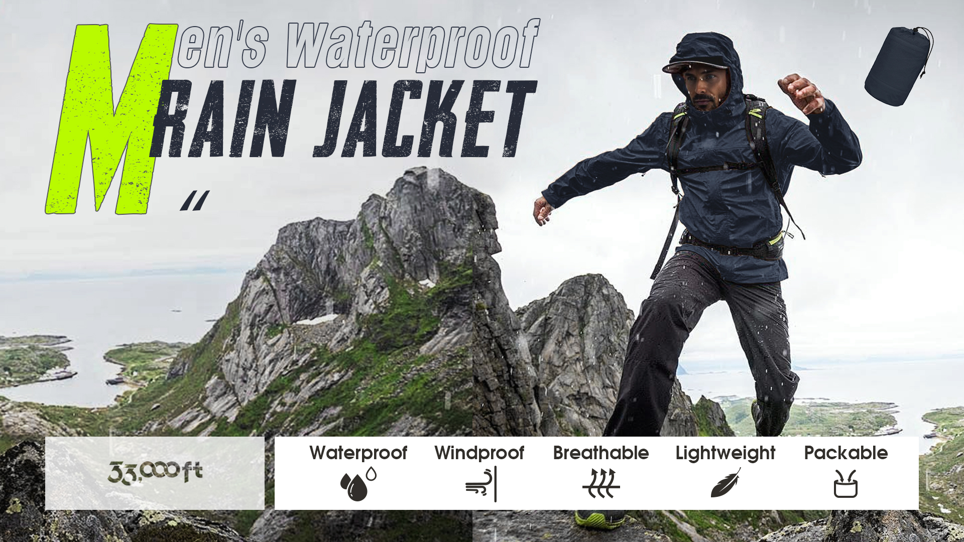 33,000ft Men's Packable Rain Jacket Waterproof Lightweight