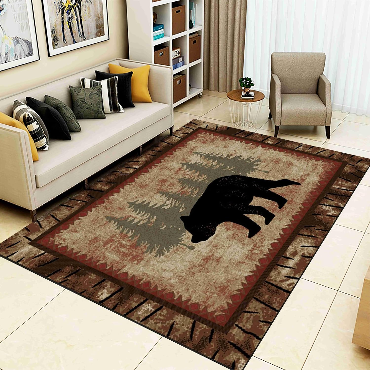 MUOUCTE Retro Country Black Bear Area Rug, 5x6ft, Farmhouse
