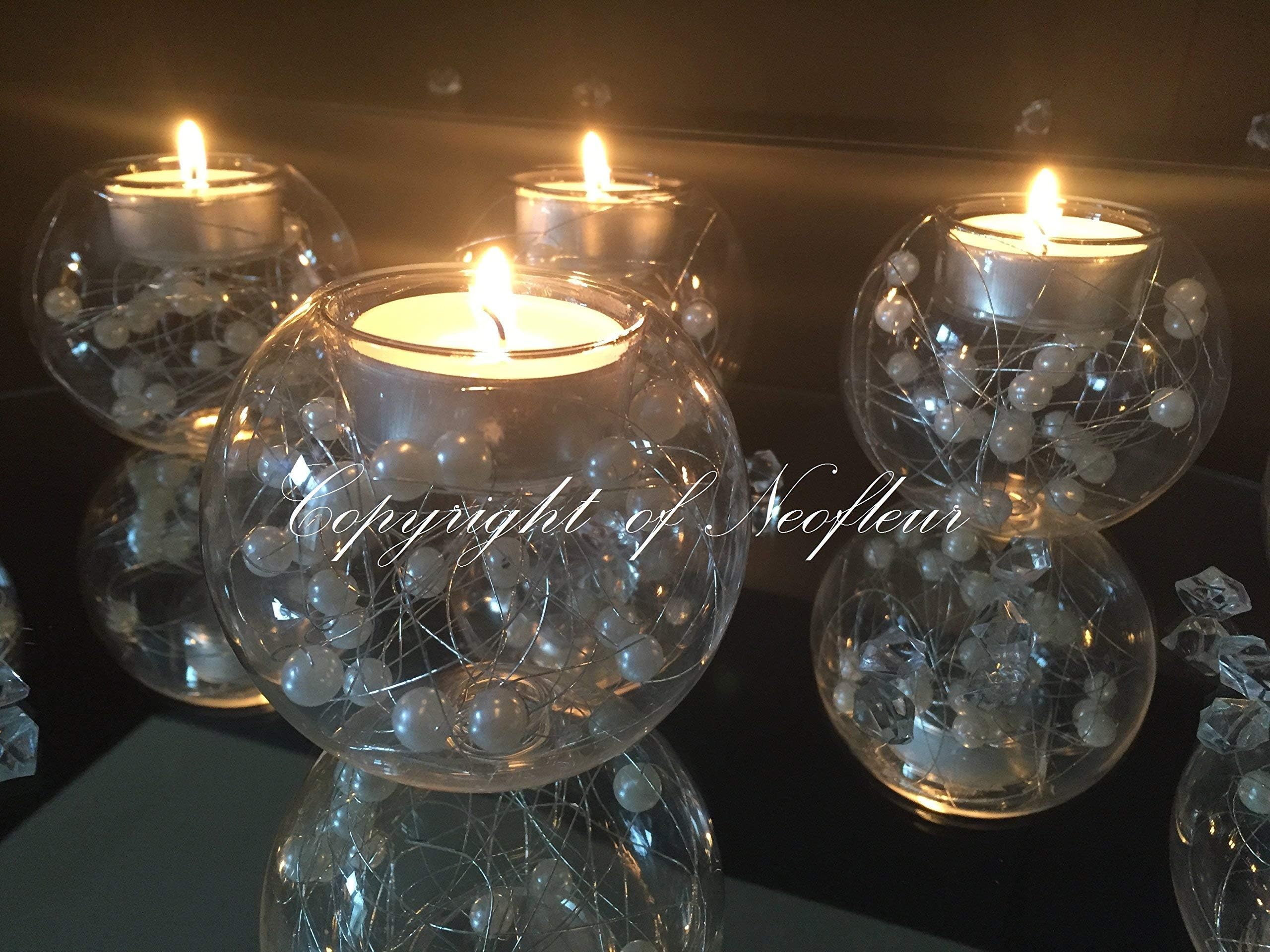 Wedding Table Tealight Candle Holders. A Set of 6 Unique Pearl Bead Glass Bauble Wedding Tea Light Holders. Wedding Table Centrepiece tealight Candle Holders