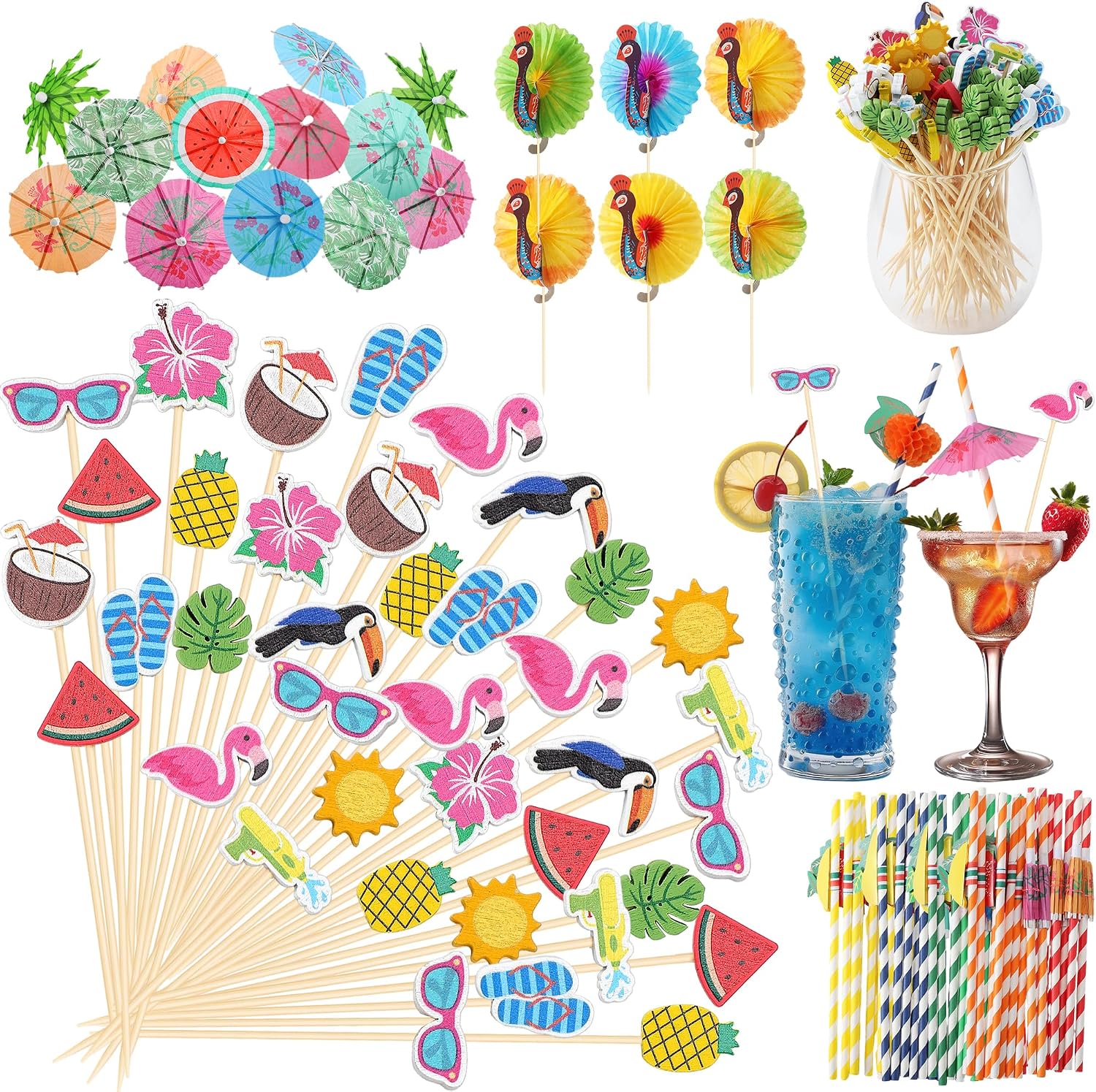 Aodaer 200 Pieces Hawaiian Cocktail Picks Accessories Drink Umbrella Straws, Umbrella Toothpicks, Decoration Picks for Aloha Tropical Hawaiian Luau Party Decorations