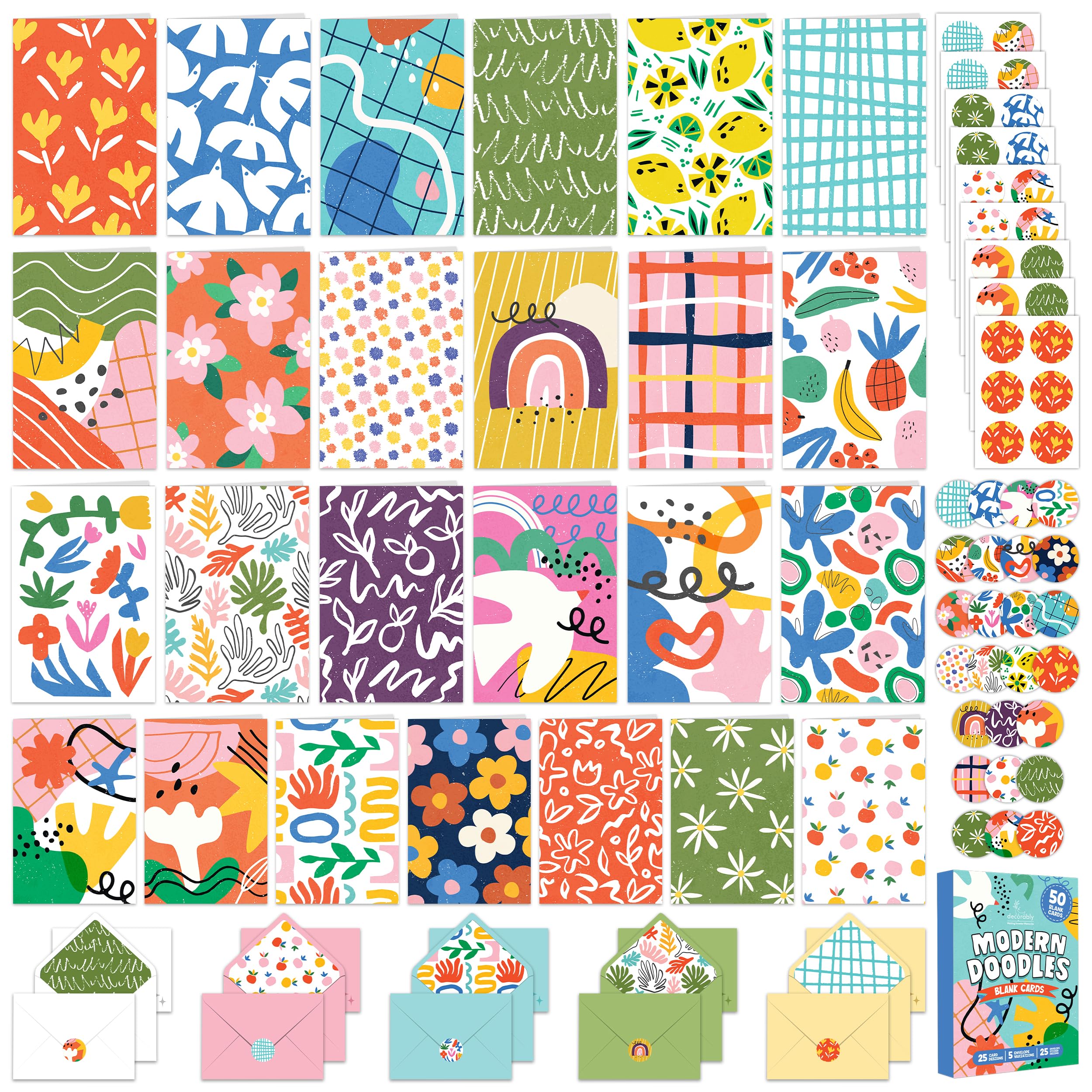 Decorably 50 Pack 4x6in Textured Modern Doodle Blank Note Cards and Envelopes with Stickers, 25 Fun and Stylish Designs Cute Blank Cards with Envelopes