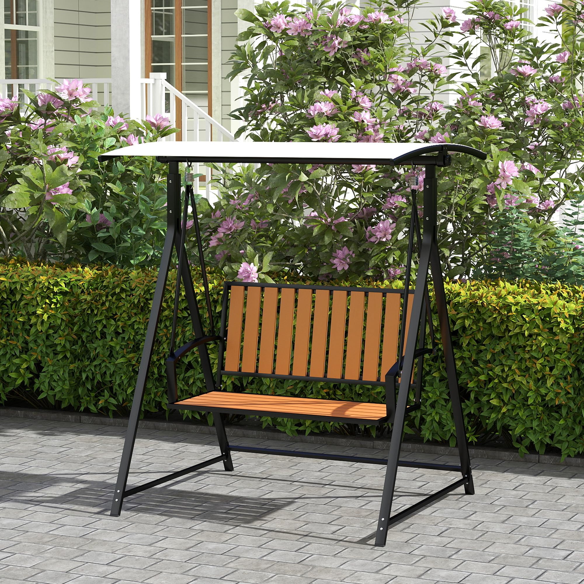 Outsunny Hollywoodschaukel mit verstellbarem Sonnendach, 2-Sitzer Gartenschaukel, wetterfest Schaukelbank belastbar bis 240kg, Gartenliege für Garten, Terrasse, 142 x 112 x 162cm, Schwarz