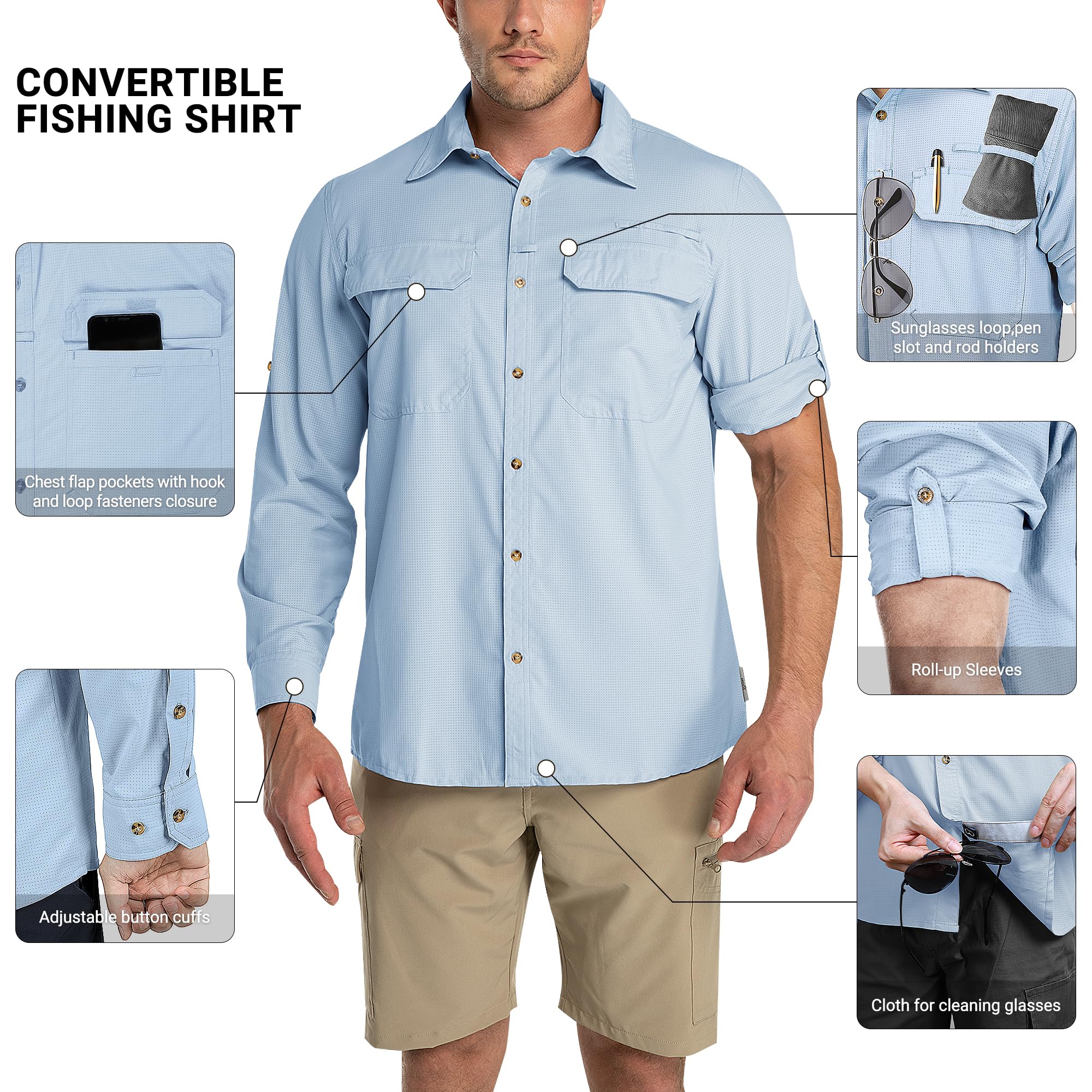 Outdoor Ventures Camisa de manga larga para hombre, camisa funcional para exteriores, de secado rápido, informal, transpirable, azul claro, XL