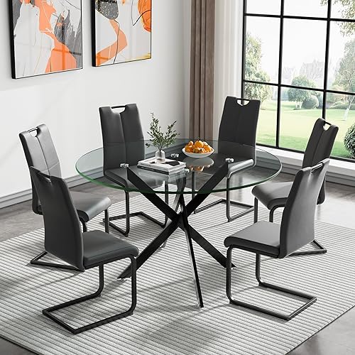 Miniatura 24 de Goujxcy Juego de mesa de comedor de cristal moderno para 6, juego de mesa y sillas de cocina de cristal plateado, juego de mesa de comedor de 7