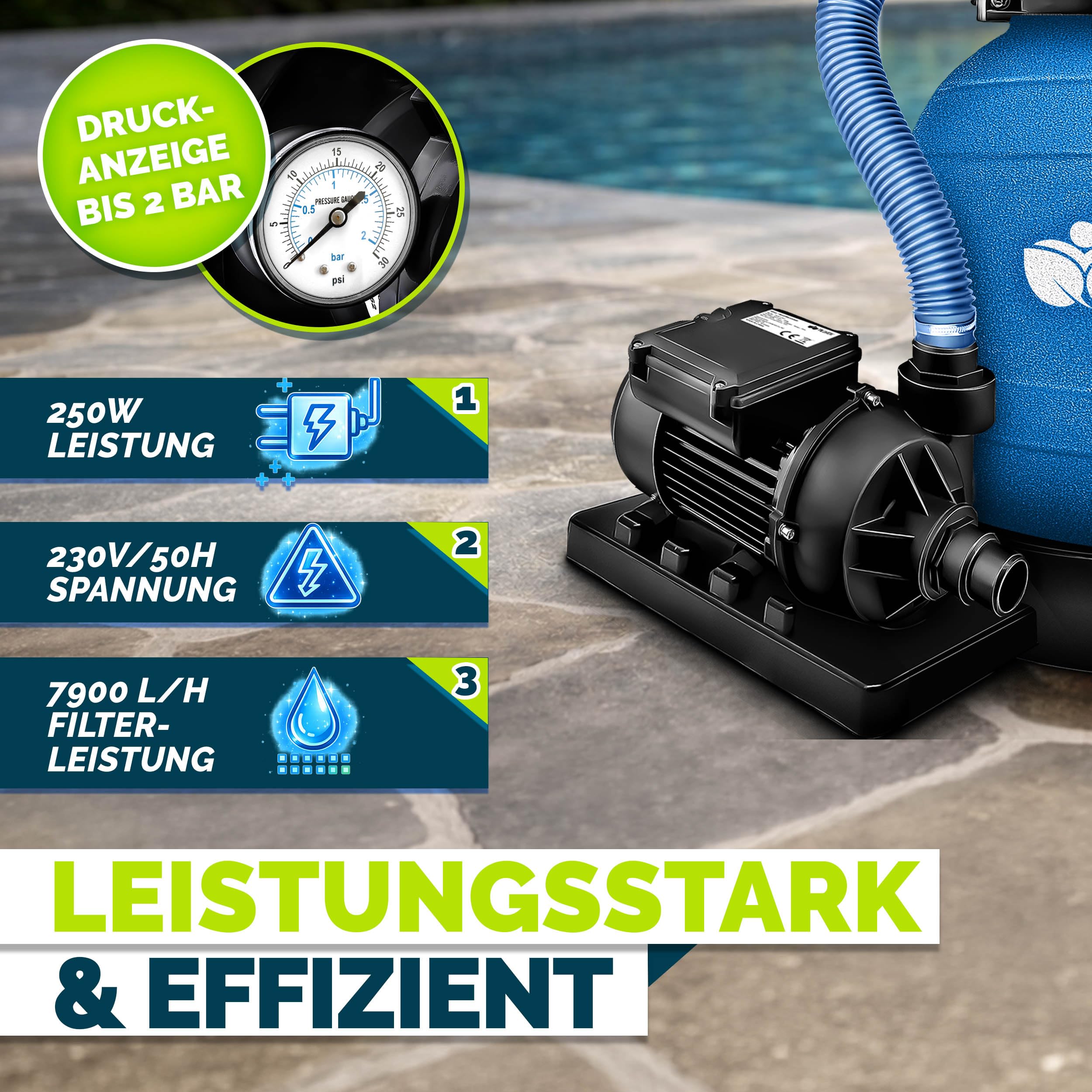tillvex® Sandfilteranlage Pool 7.900L/h inkl. 400g Filterbälle | Filteranlage 7-Wege Ventil & 2in1 Adapter Ø32mm - 38mm | Poolfilter mit Druckanzeige | Sandfilter für Schwimmbecken (Blau)
