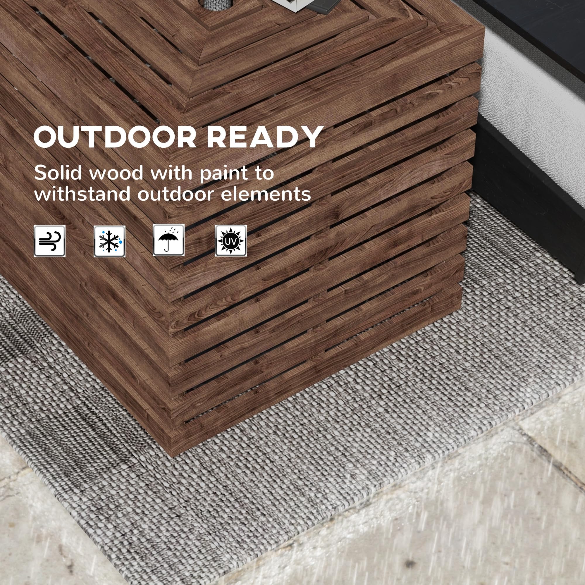 Outsunny Tavolino portaoggetti esterno 3 in 1 per base ombrellone, in legno, copripiede da ombrellone, dim. 50 x 50 x 50 cm, marrone