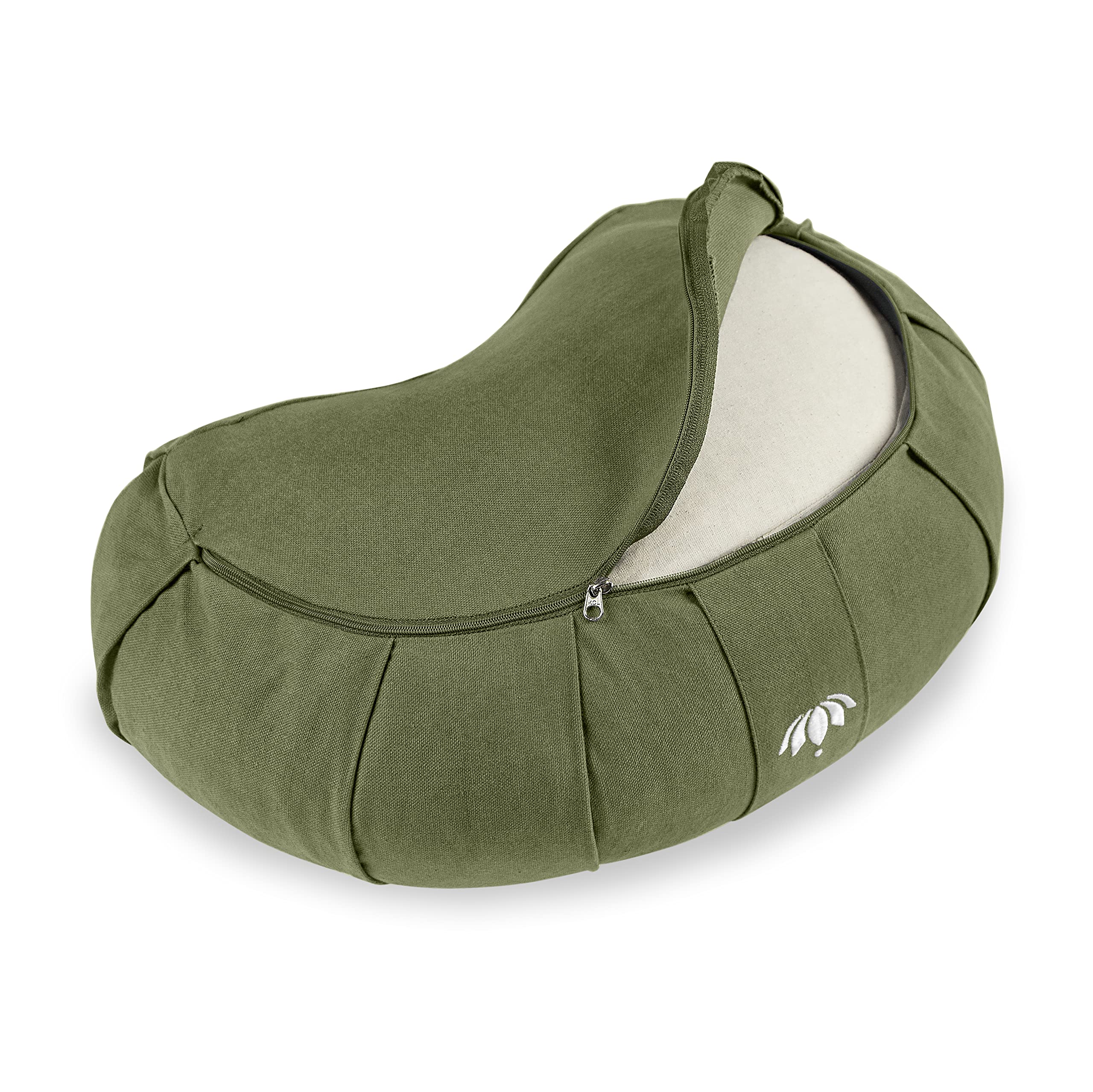 LOTUSCRAFTS Zafu cuscino da meditazione, altezza seduta 15 cm, modello Siddah a mezzaluna, cuscino da yoga, cuscino yoga, fodera in cotone lavabile, imbottitura in farro, certificato GOTS