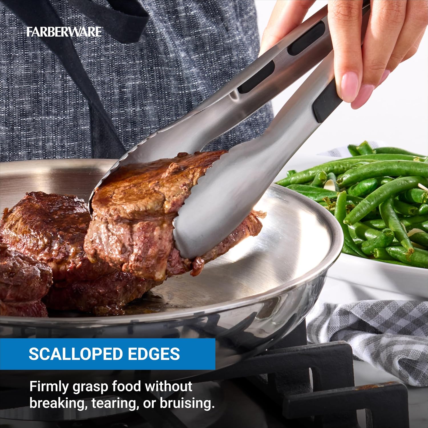 Farberware Pro 9 Inch Stainless Steel Locking Kitchen Tongs - Ergonomic Grip, Scalloped Tips for Cooking, Grilling, Serving and Meal Prep