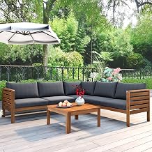 RUNNA Outdoor Modular 4-Piece Acacia Wood Sofa Set with Corner Sectional & Coffee Table - Flexible Seating for Gardens and Patios Gray-L11