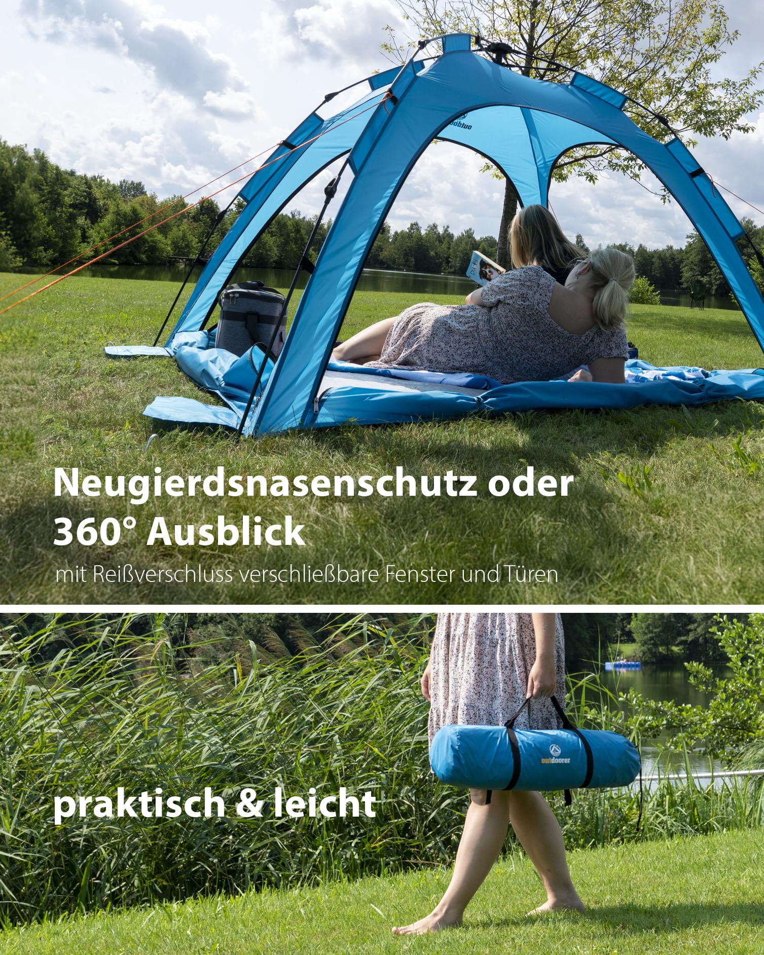 Outdoorer Sun Snapper Air UV 80 Quick-up-Strandmuschel mit 4 Türen und 3 Fenstern, Automatik-Strandzelt mit UV-Schutz 80