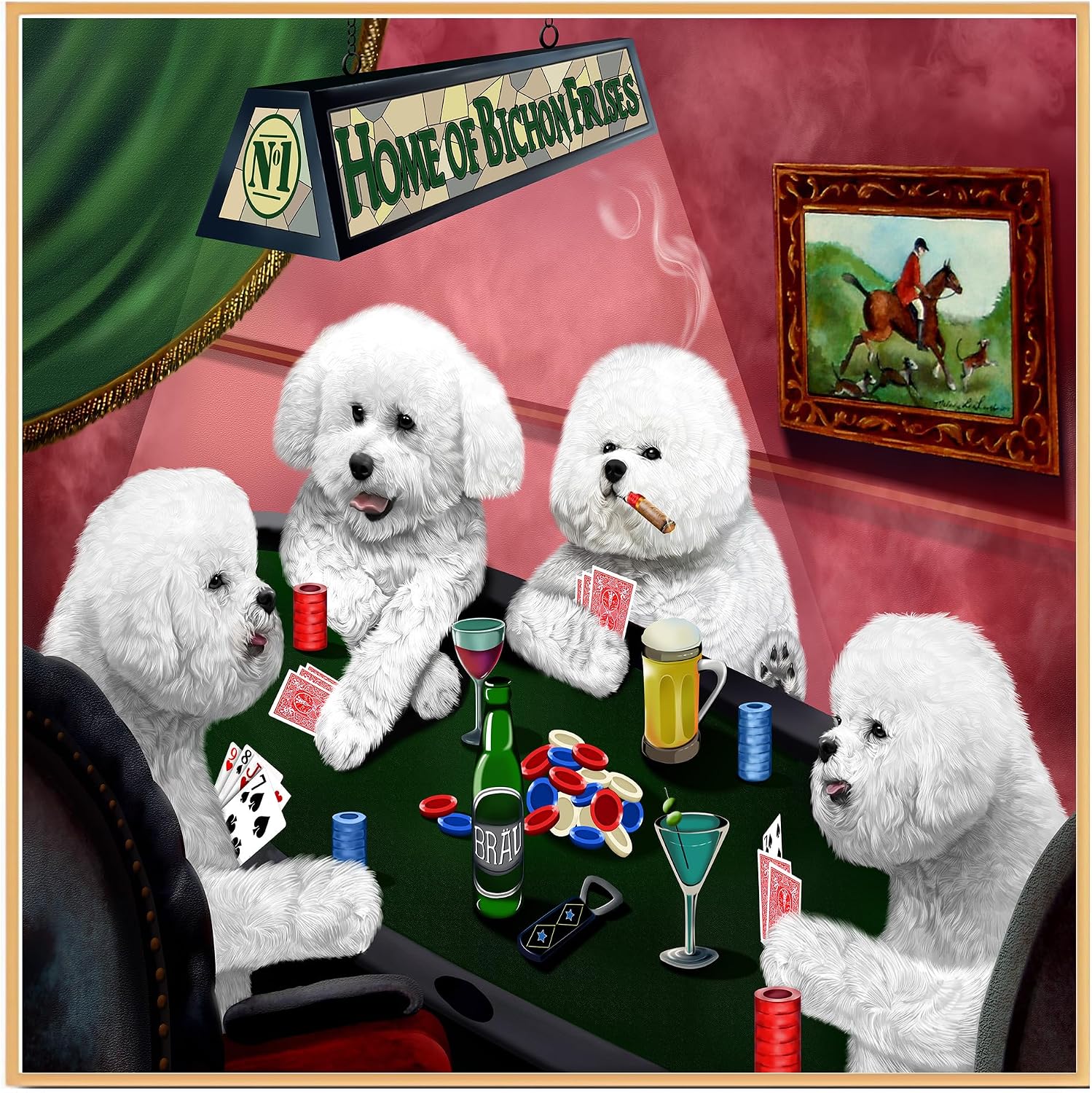 Bichon Frise Dogs Casino Theme Framed Canvas Wall Art, Funny Dog Print for Game Room Wall Decorations Gift - Floating Framed White, 16" x 24"