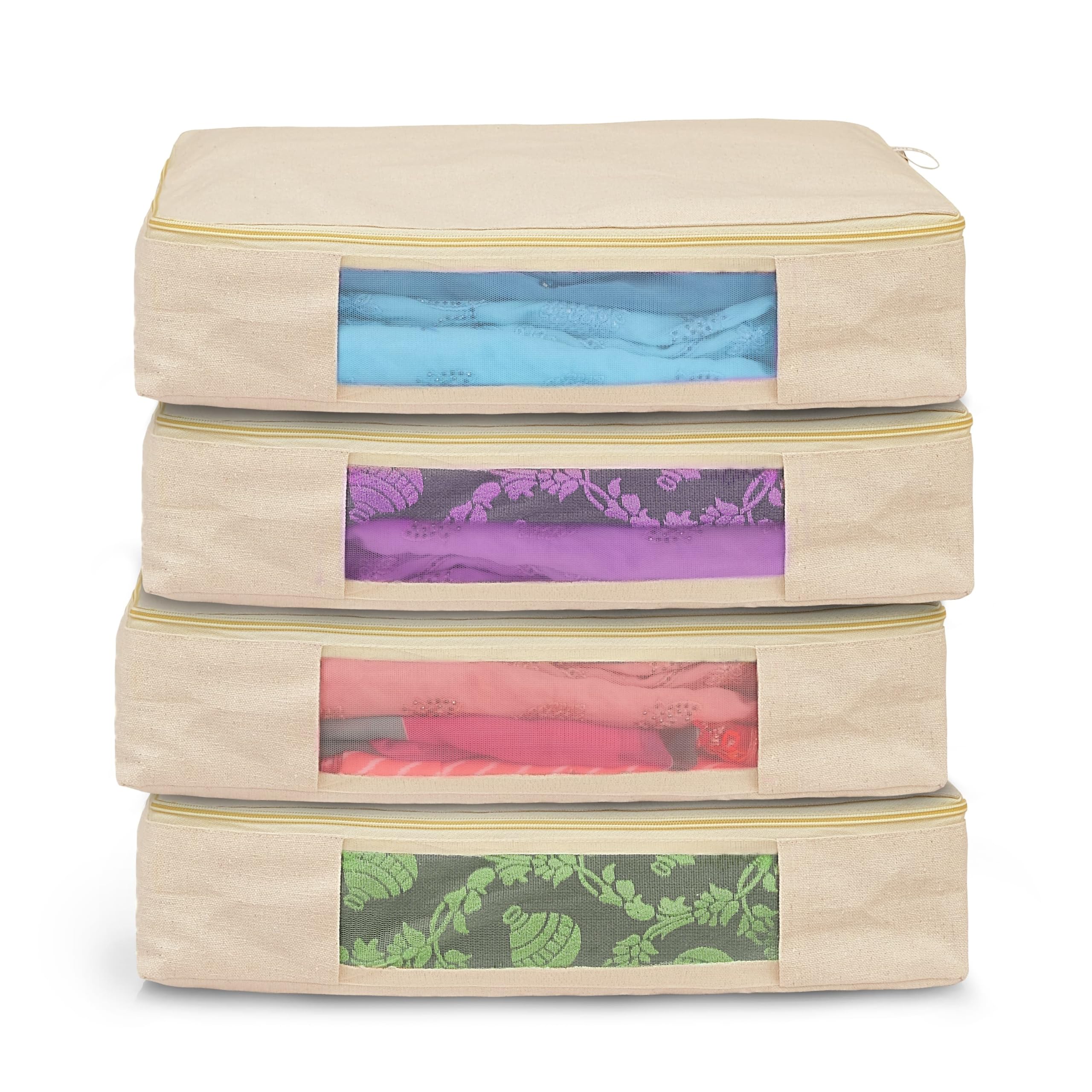 Cotton Canvas Clothes Storage Bags/Saree Covers with Zip for Storage Specially Design for Woman Dresses, Sarees, Lehengas for Wardrobe Organizer (16 x 13 x 3 Inch)- Pack of 4-image-24
