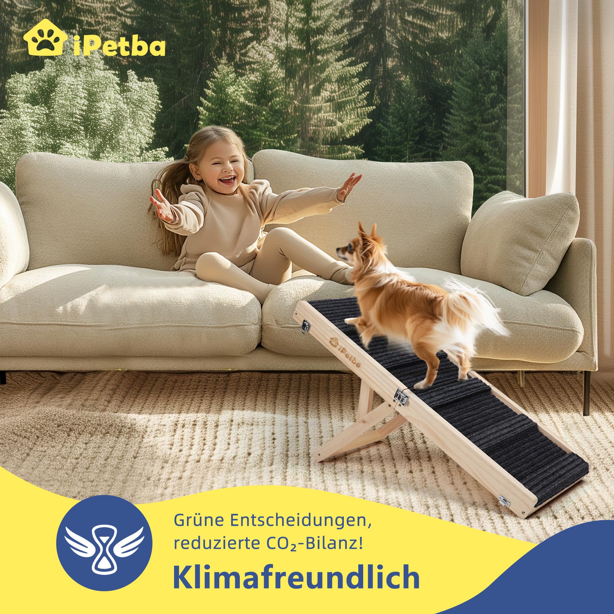 Hunderampe für Sofa und kleine Hunde bis 16 kg, Rampe für Couch und niedrige Möbel, aus Holz, höhenverstellbar, klappbar, rutschfest