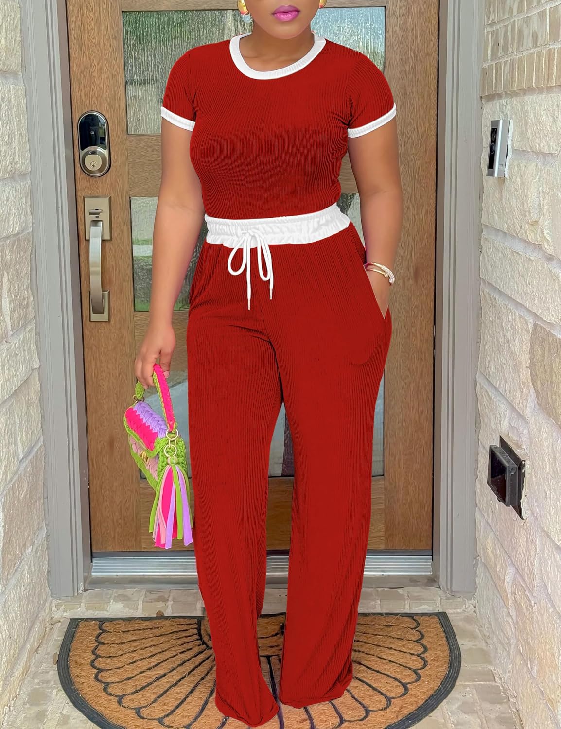 HTD Womens 2 Piece Outfits Casual Sweatsuits Set Short Sleeve Matching Sets Tracksuit