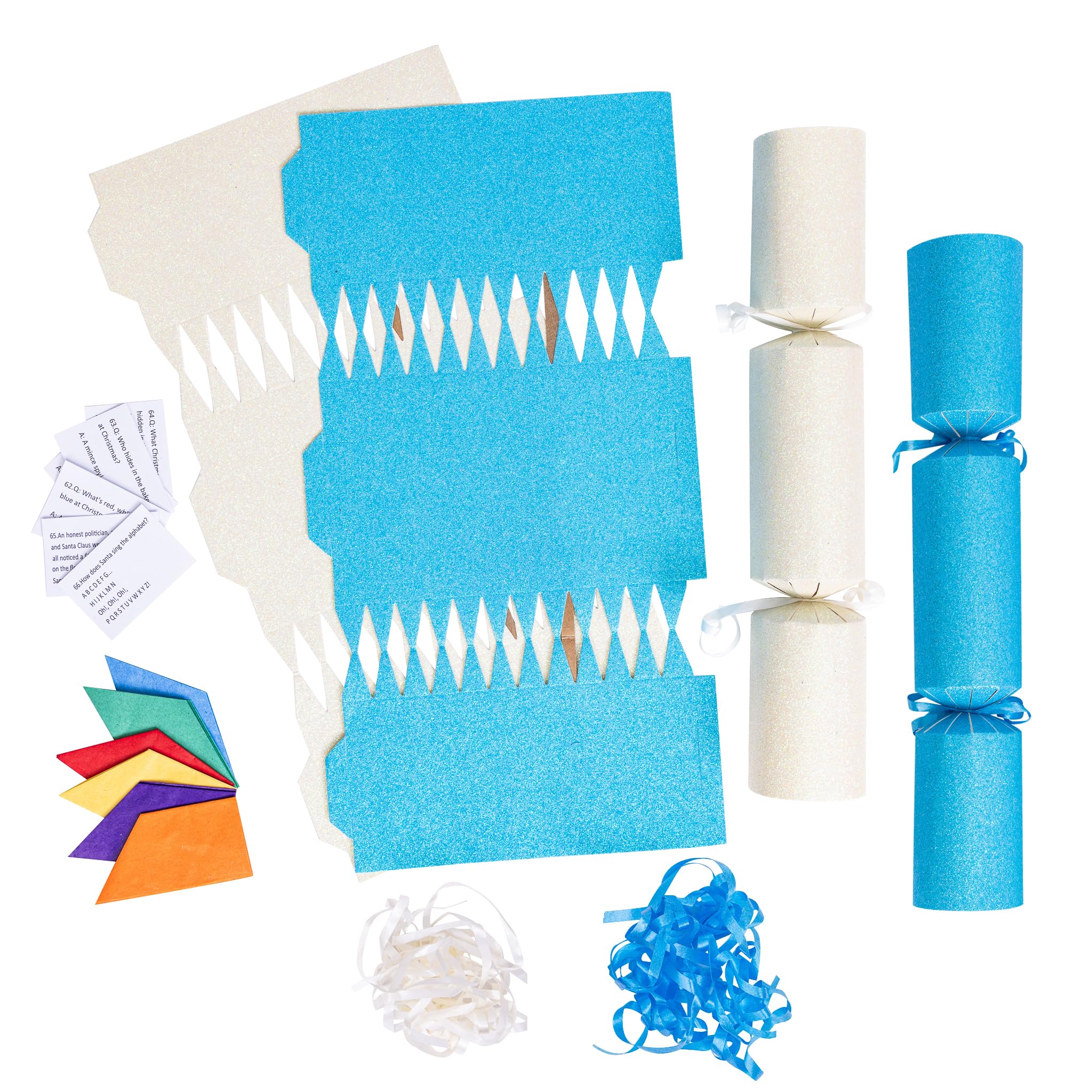 evelay 12 Make Your Own Christmas Cracker Kit DIY Blue & Cream Glitter Crackers Hats Snaps Jokes (Blue, Cream)