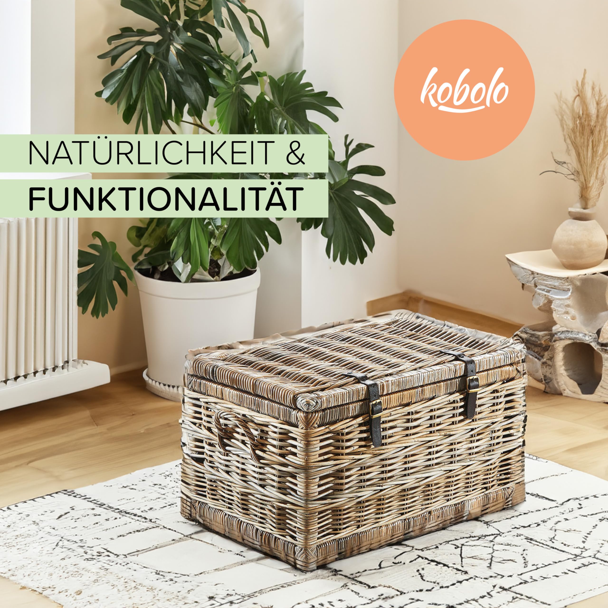 Kobolo Truhe Korbtruhe Sitztruhe - Rattan - grau - mit Staufach - 70x45x40 cm