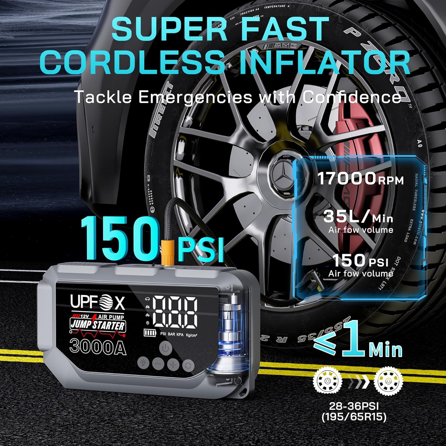 3000A Jump Starter with Air Compressor 12V, 44.4Wh Portable Car Jump Starter for 8.0L Gas & 6.0L Diesel Engines, 150PSI Tire Inflator with LED Display, Emergency Jump Box with Jumper Cables - Image 2