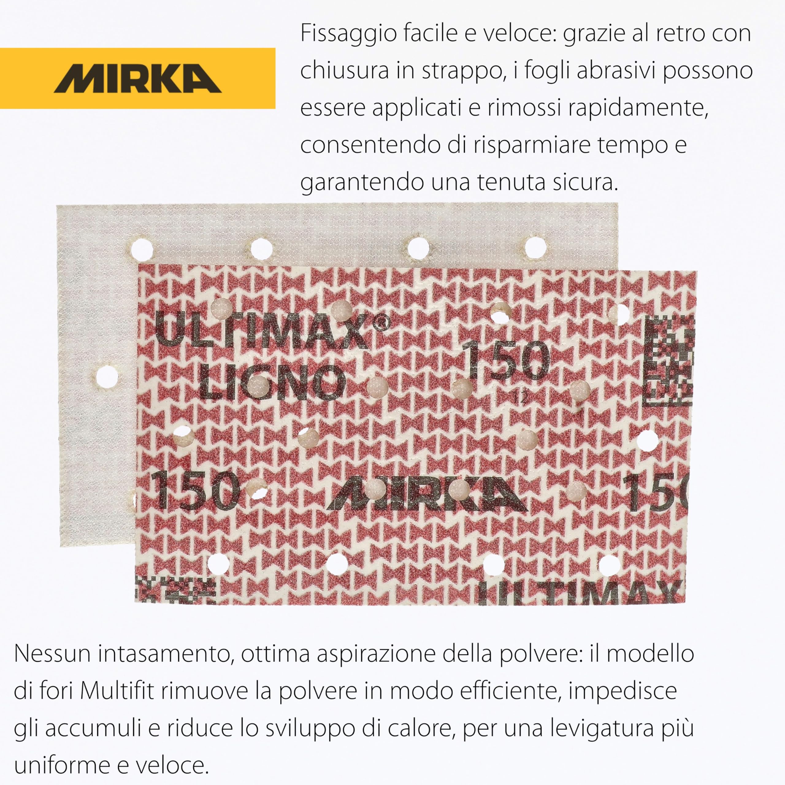 Mirka Ultimax Ligno Carta abrasiva 81x133 mm, grana P120, con fissaggio a strappo e foratura multifit per lavorare senza produrre polvere, confezione da 50 pezzi