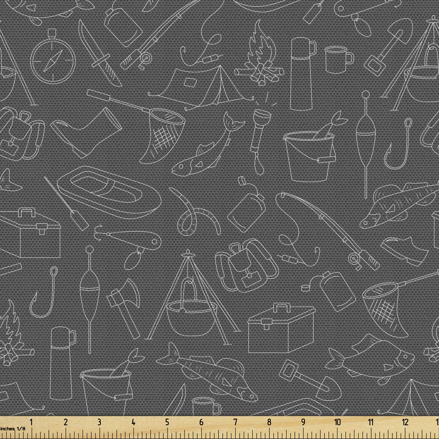 Ambesonne Fishing Theme Fabric by The Yard, Monochrome Illustration with Hand Drawing Angling and Camping Objects, Decorative Fabric for Upholstery and Home Accents, 1 Yard, Pale Grey