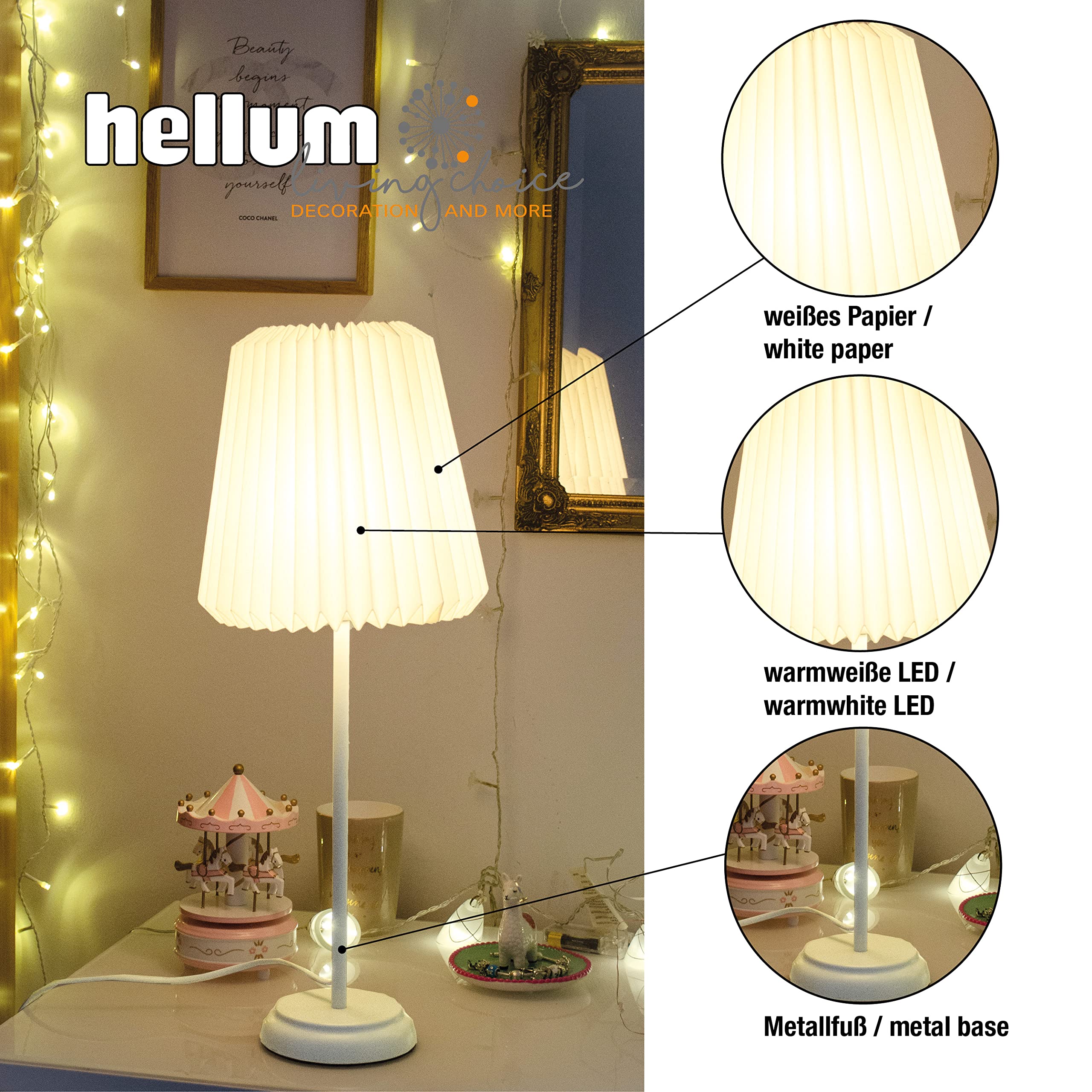 hellum Tischlampe mit Wechselschirm Weihnachten Papierstern order Design Papier-Lampenschirm, Weiß Faltbar Papierschirm mit Fuß aus Metall, Deko Leuchtemit LED-Glühbirne mit Schalter, 578430