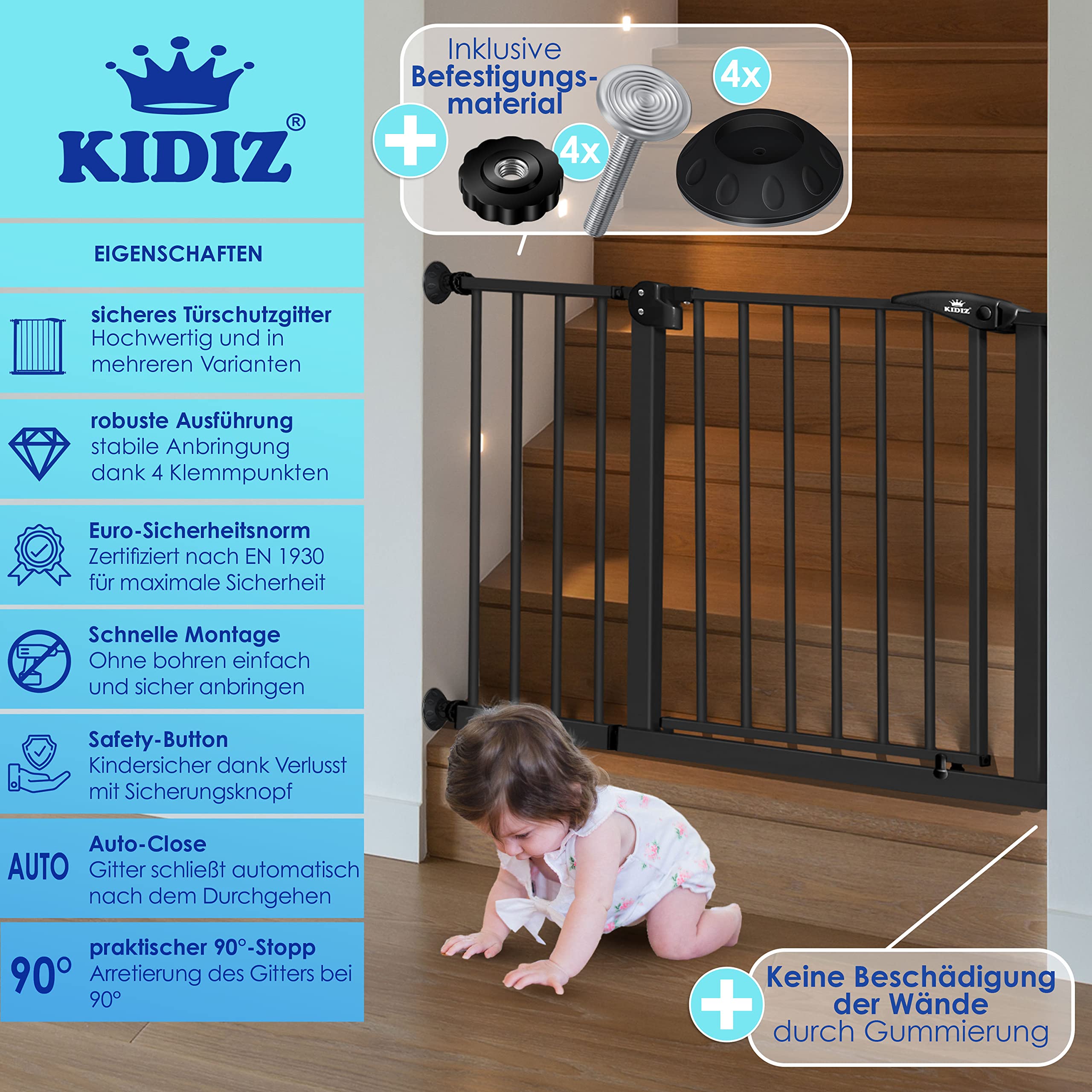 KIDIZ® Griglia di Protezione per Porte e Scale, per Bambini, Senza forature, orientabile su Entrambi i Lati,